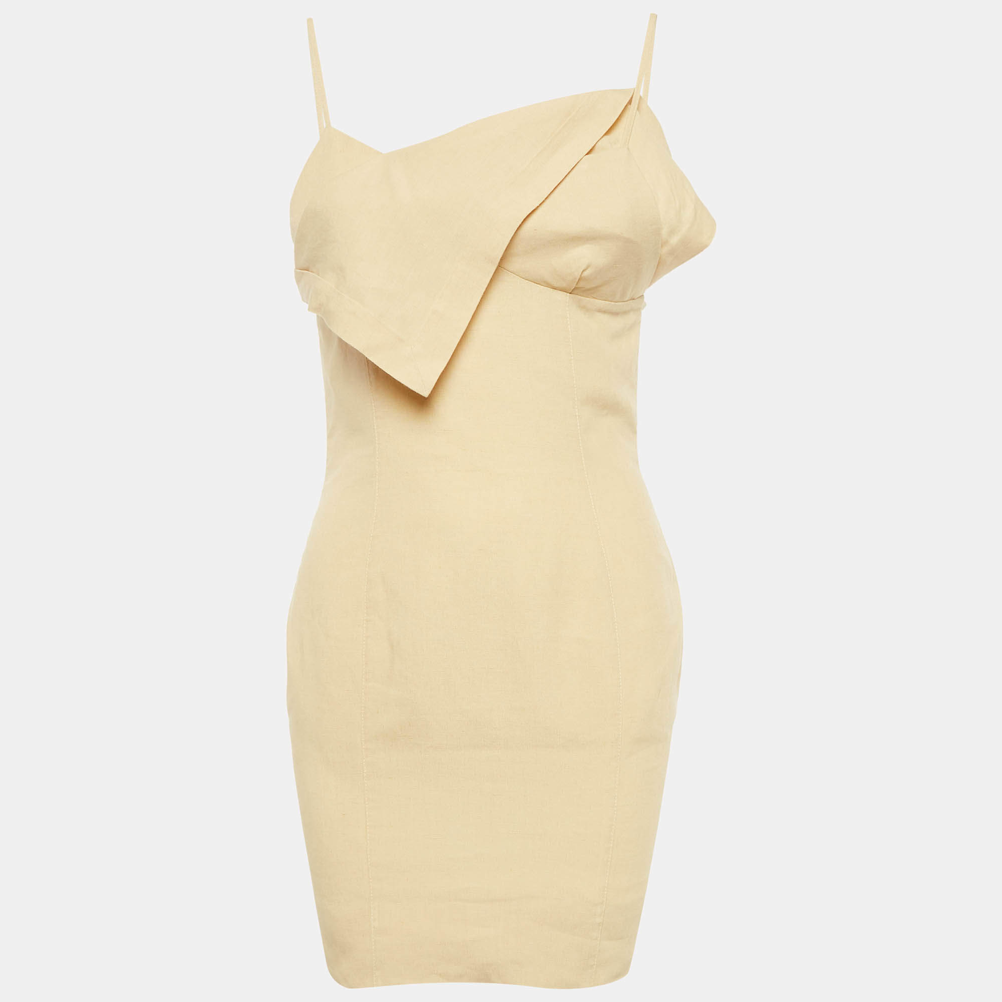 Pre Owned فستان ميني جاكيموس لا مور كريمي كتف مكشوف من الكتان م قاس صغير - سمول