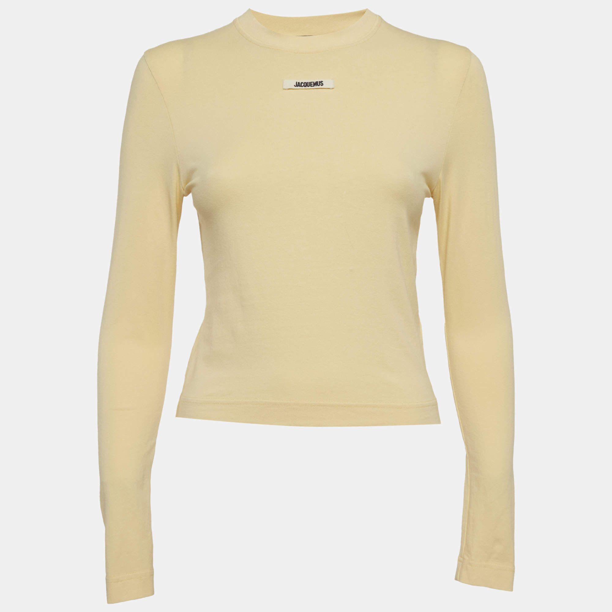 Pre Owned بلوزة طويلة الأكمام من جيرسي ببيج مع شعار تطريز من جاكيموس بمقاس صغير جدًا