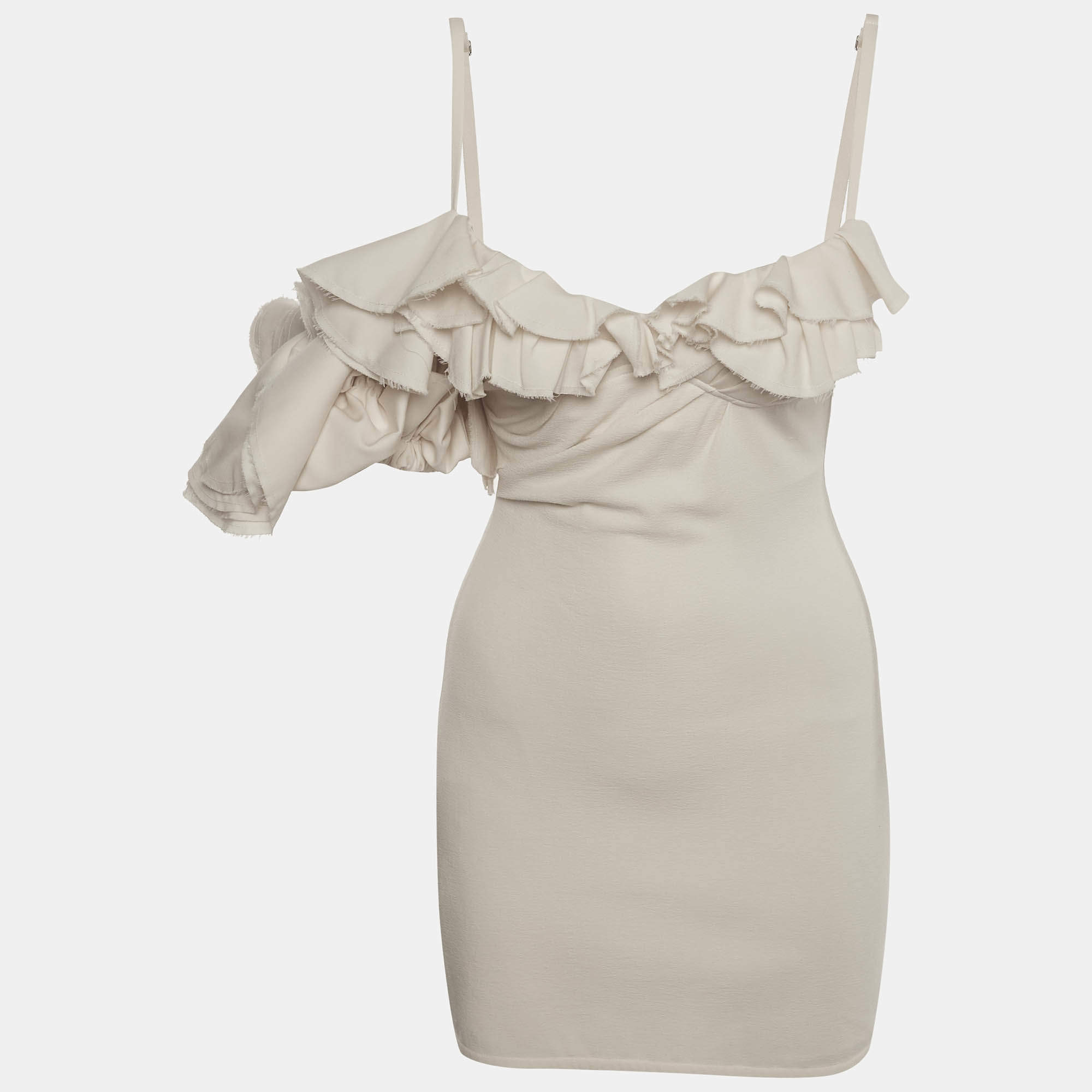 Pre Owned Jacquemus Cream Strech Crepe Ruffled Duna Mini Dress XS