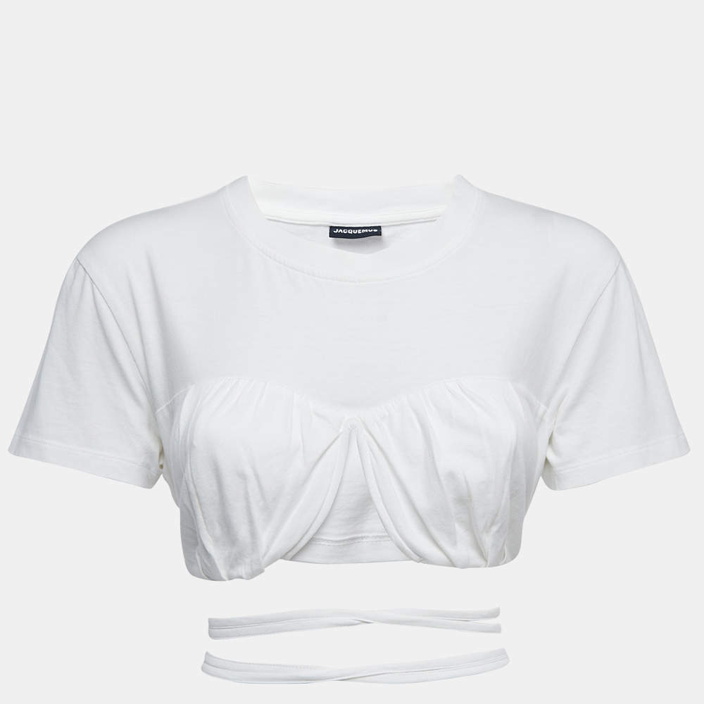 Jacquemus White Cotton Tie Detail Short Sleeve Crop Top M
