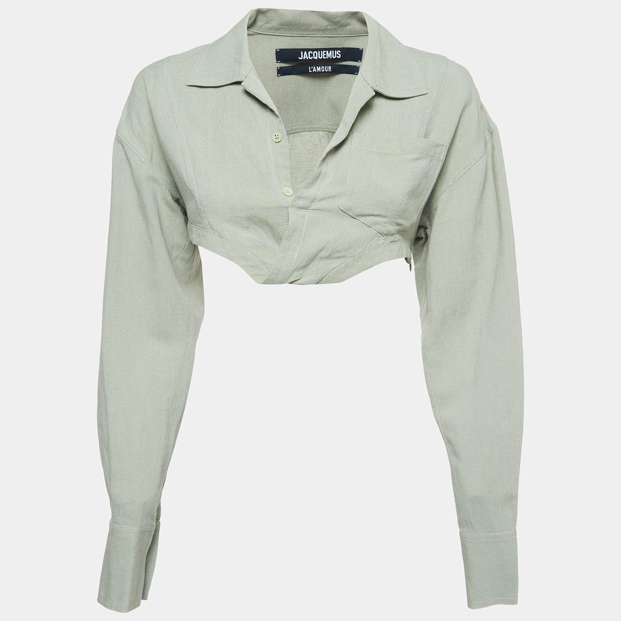 Jacquemus Green Linen Blend Asymmetric Crop Shirt S