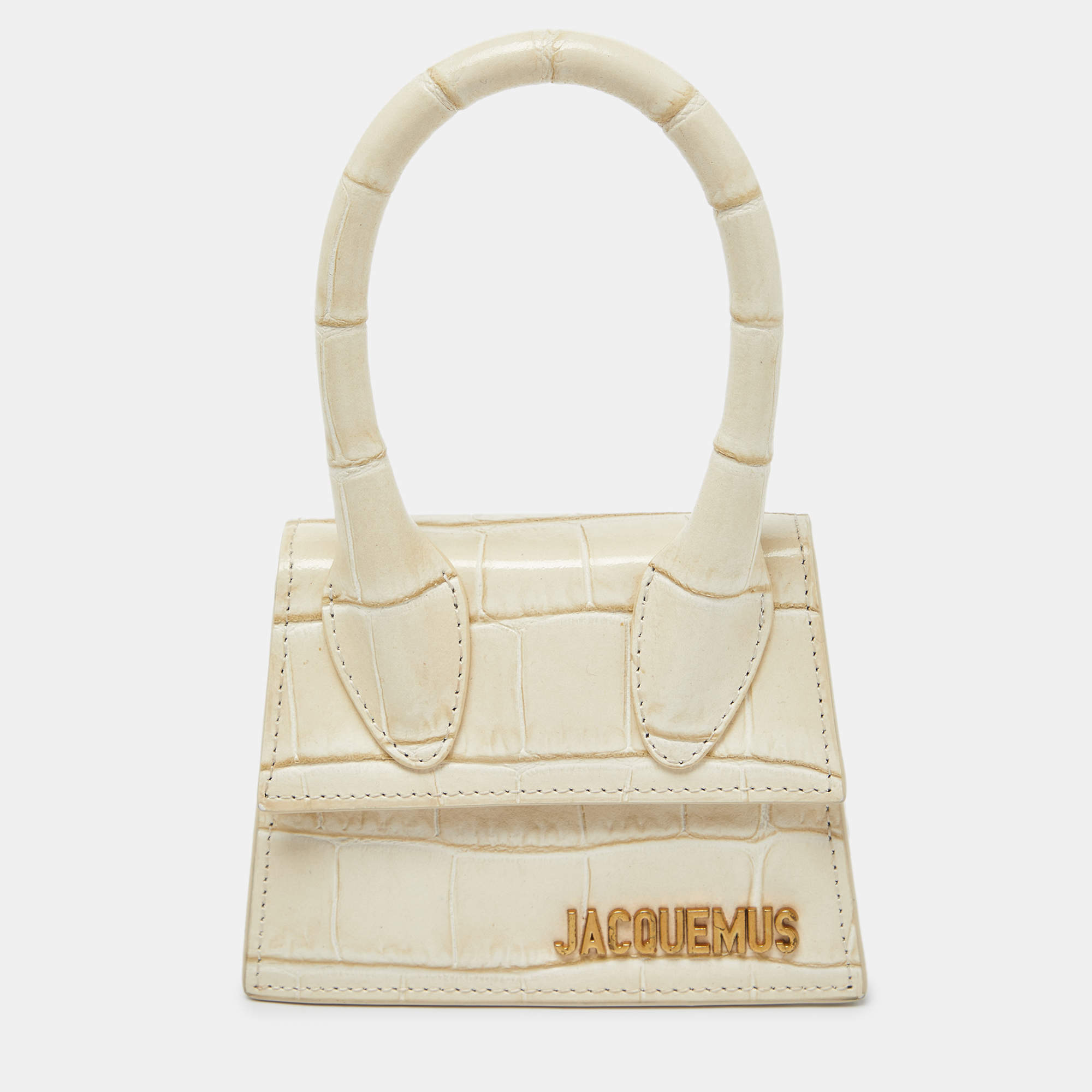 Pre Owned Jacquemus Cream Croc Embossed Leather Mini Le Chiquito Bag