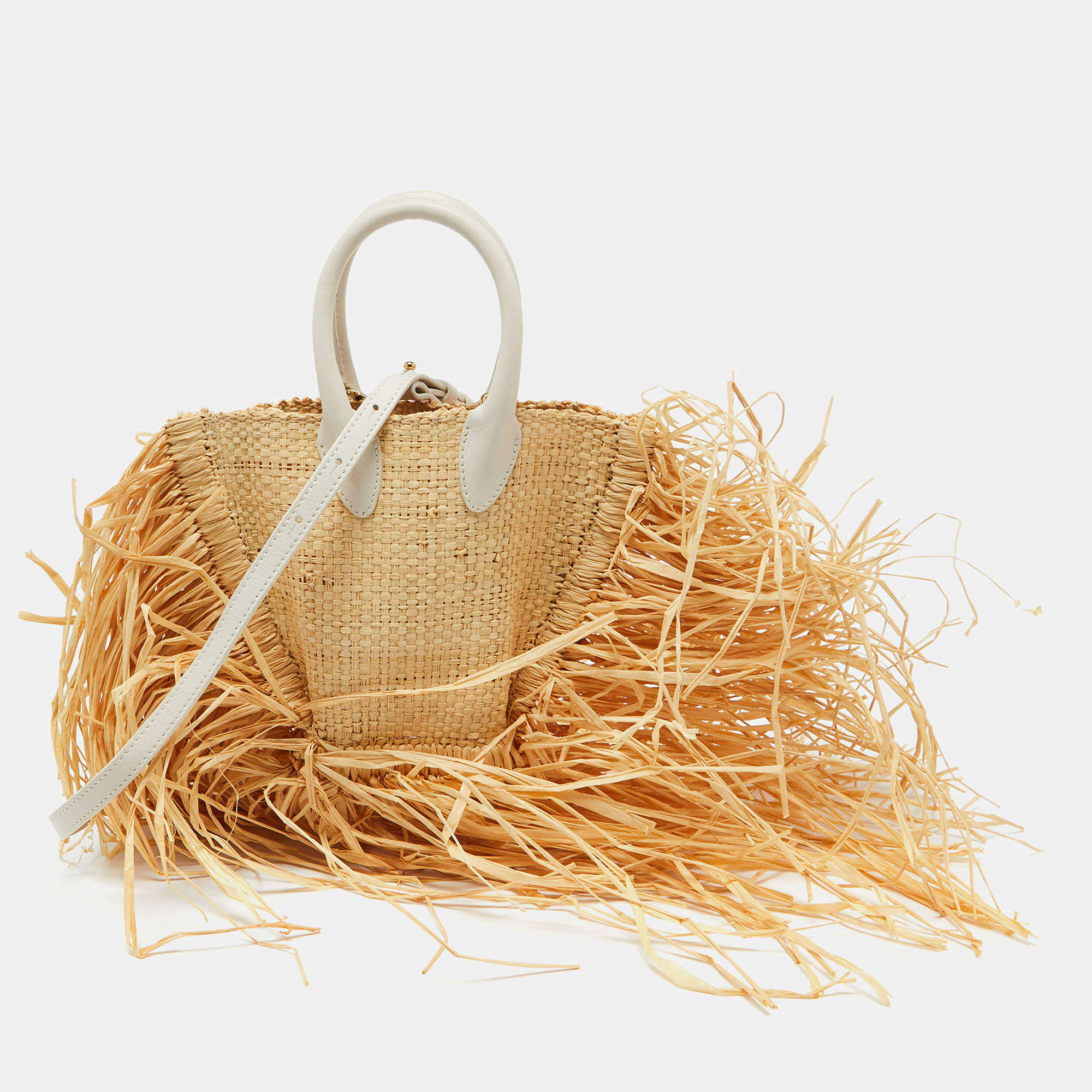 Jacquemus Cream/White Woven Raffia and Leather Let Petite Baci Shoulder Bag