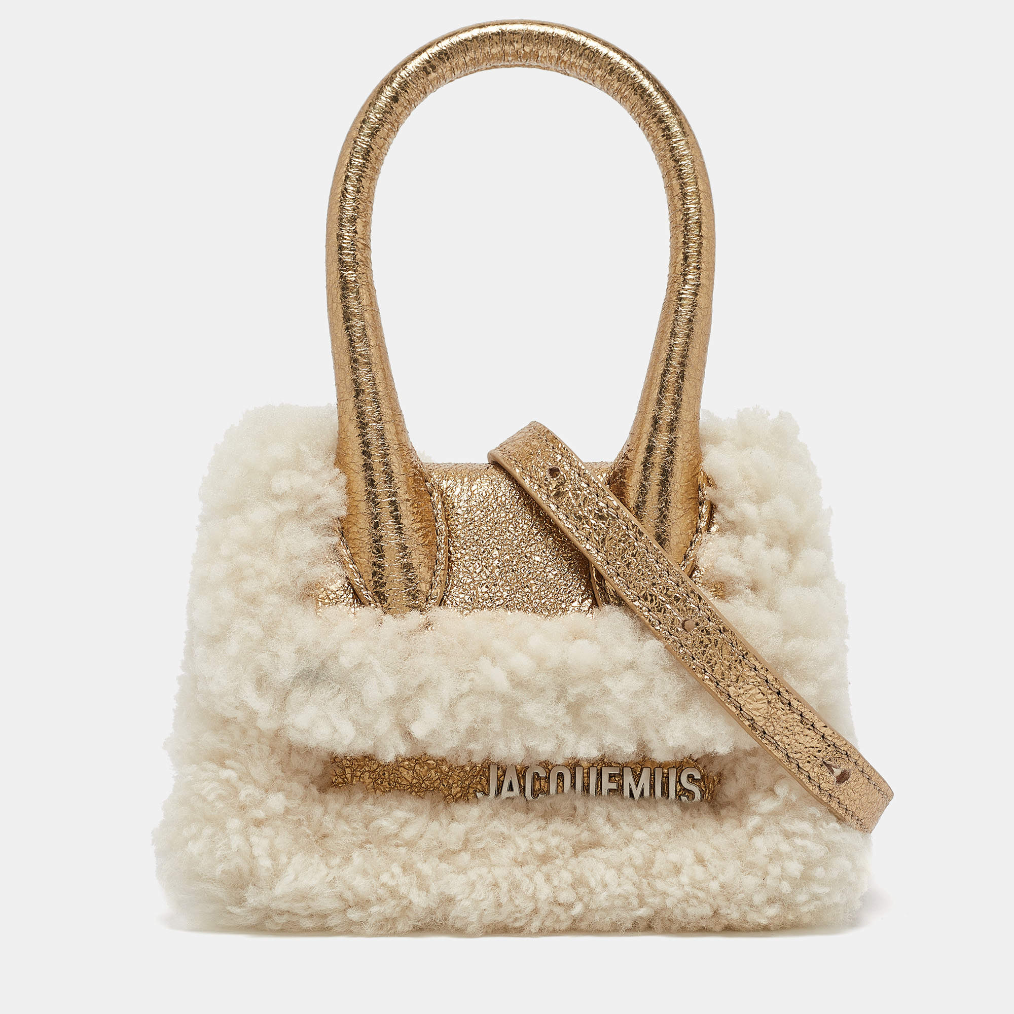 Pre Owned Jacquemus Gold Foil Leather and Shearling Mini Le Chiquito Top Handle Bag