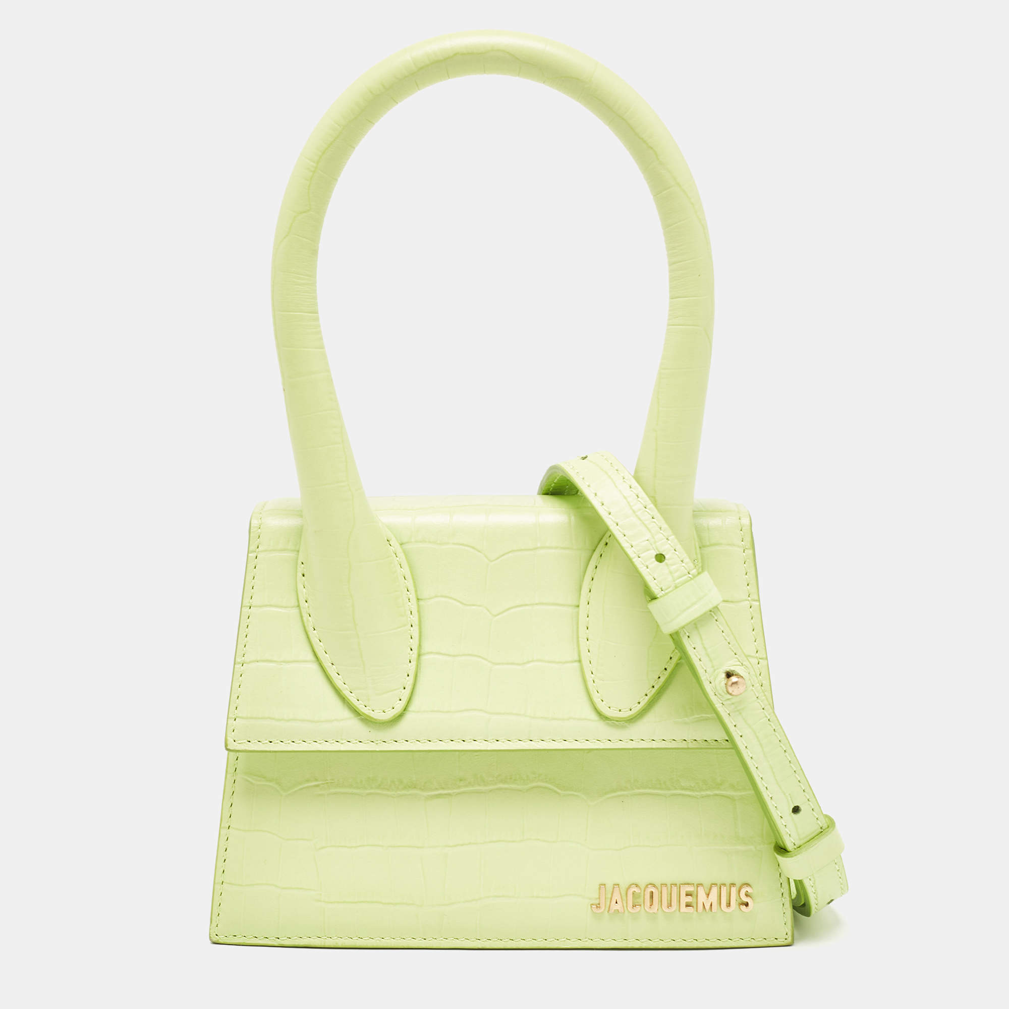 Jacquemus Light Green Croc Embossed Leather Le Chiquito Moyen Top Handle Bag