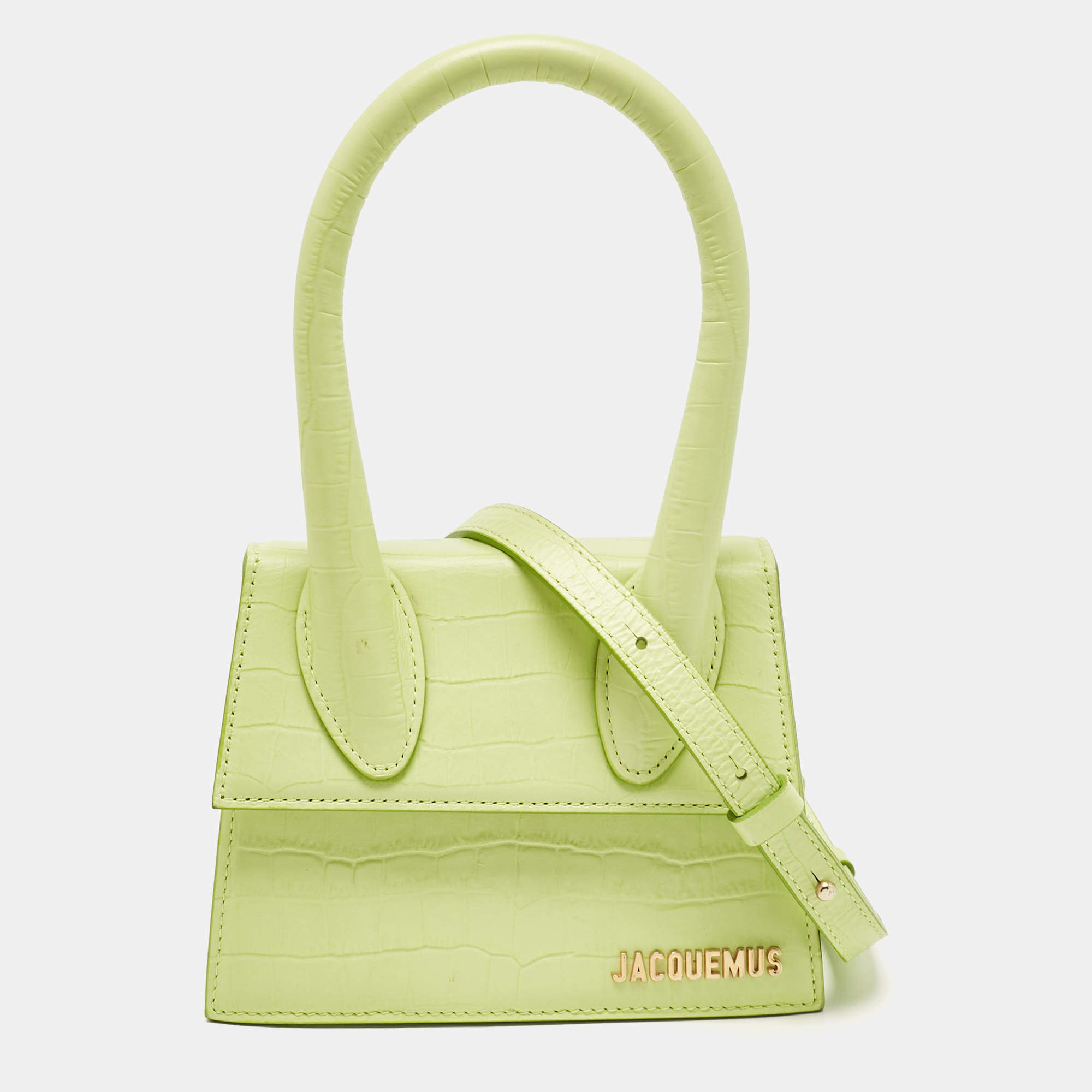 مملوكة مسبقًا Jacquemus Green Green Croc Embossed Leather Le Chiquito Moyen Top Handle Bag