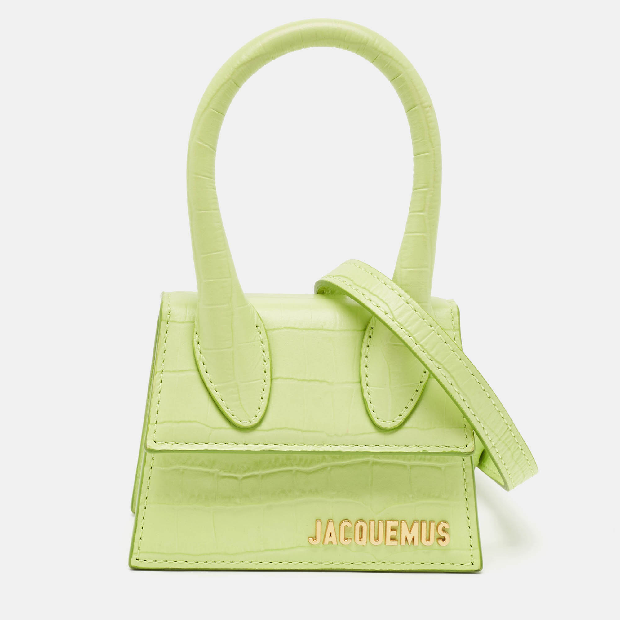 Jacquemus Green Croc Embossed Leather Mini Le Chiquito Top Handle Bag