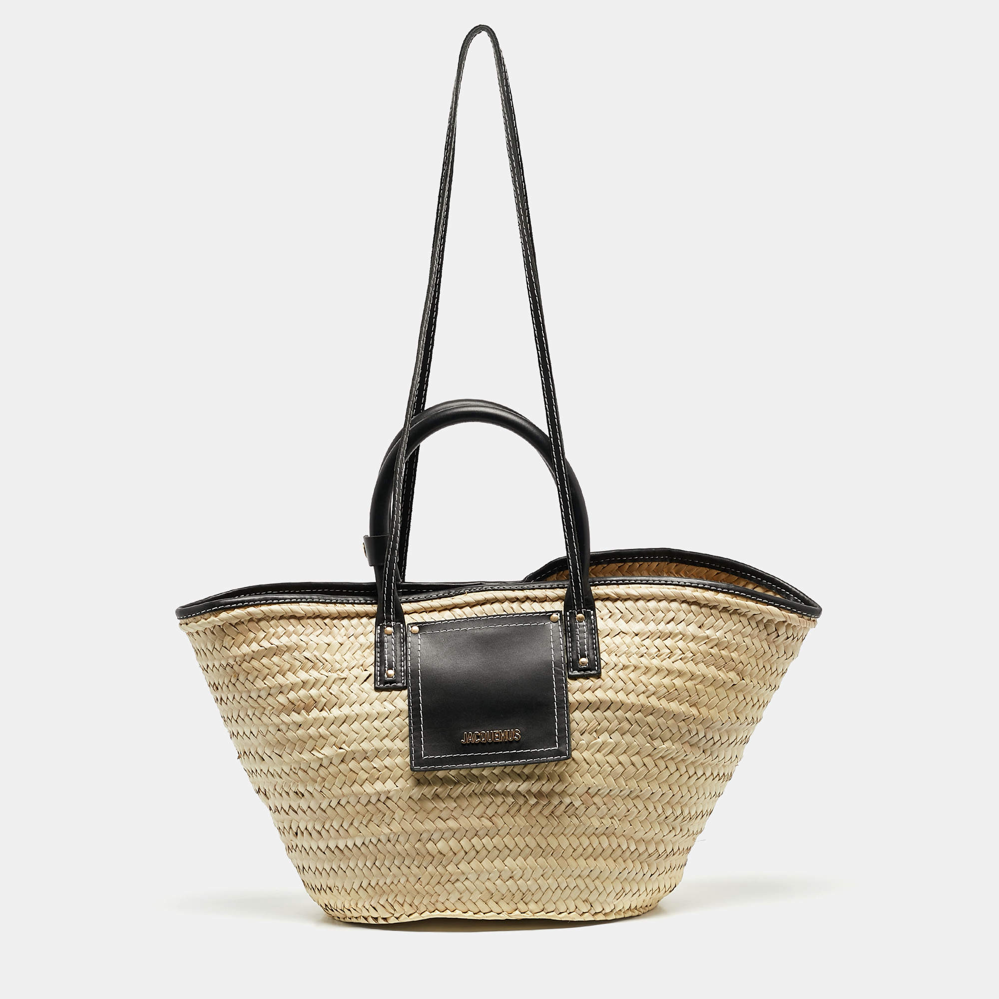 Jacquemus Black/Cream Raffia and Leather Le Panier Soleil Basket Bag 