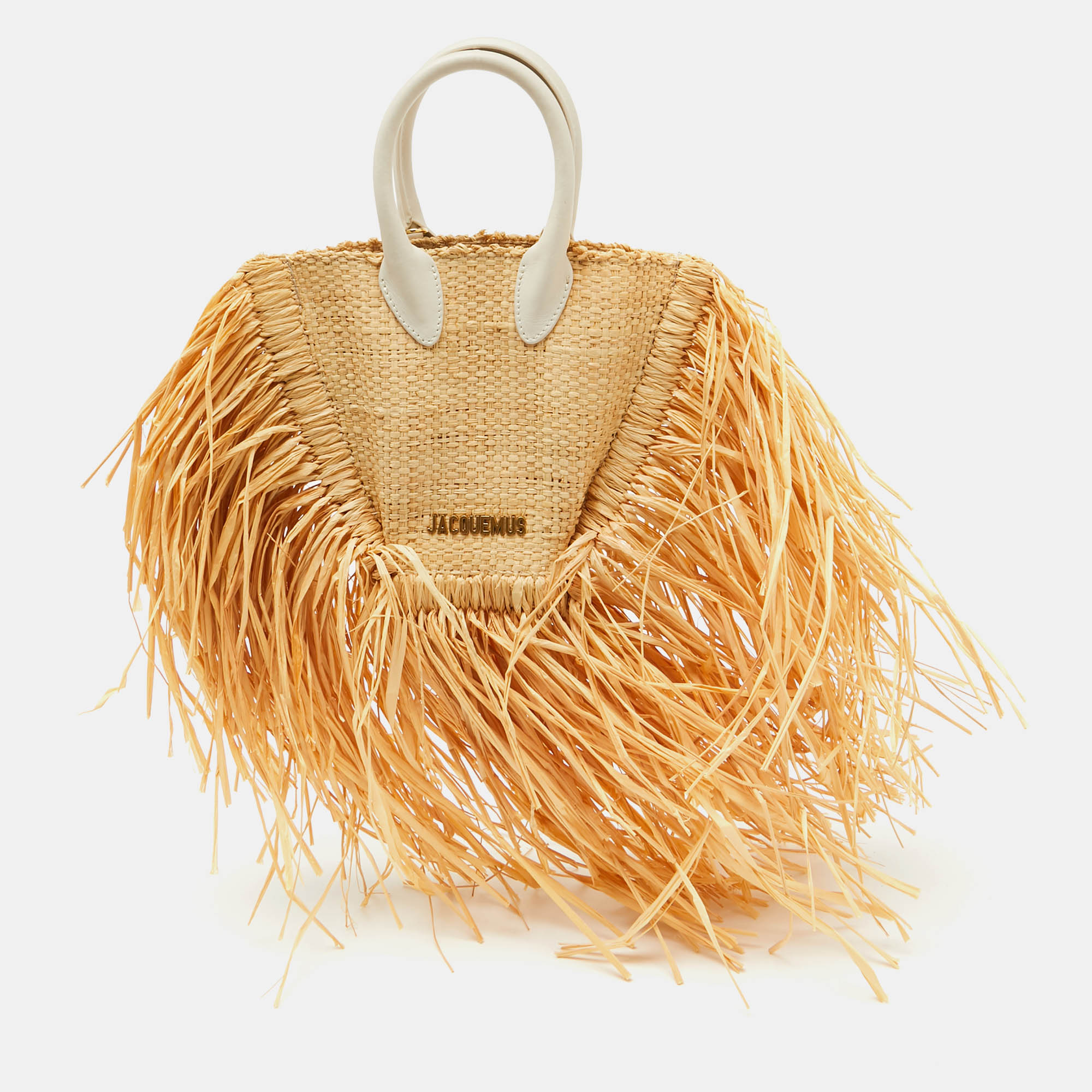 Pre Owned Jacquemus White/Natural Leather and Raffia Let Petite Baci Tote