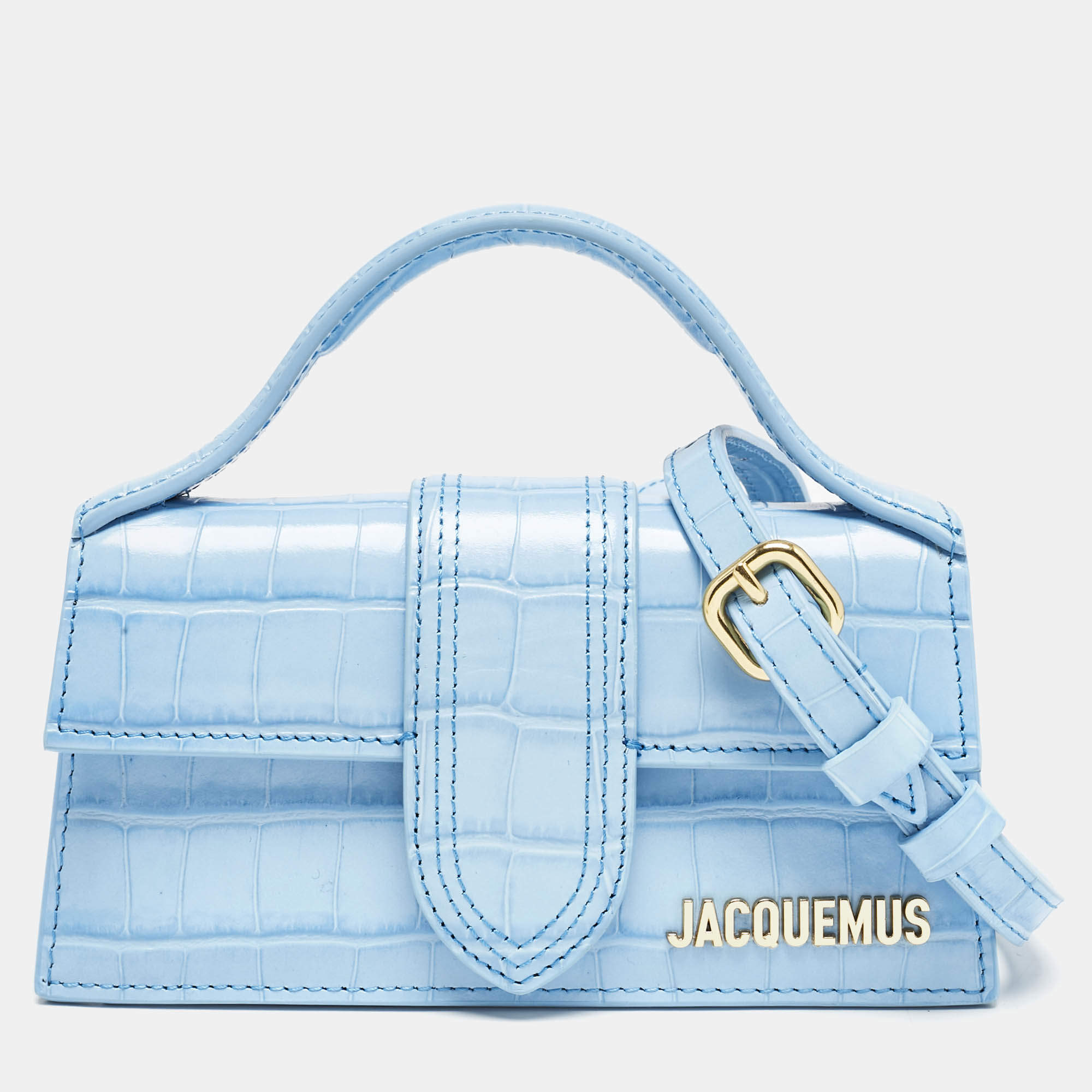 مملوكة مسبقًا Jacquemus Light Blue Croc Embossed Leather Mini Le Bambino Top Handle Bag