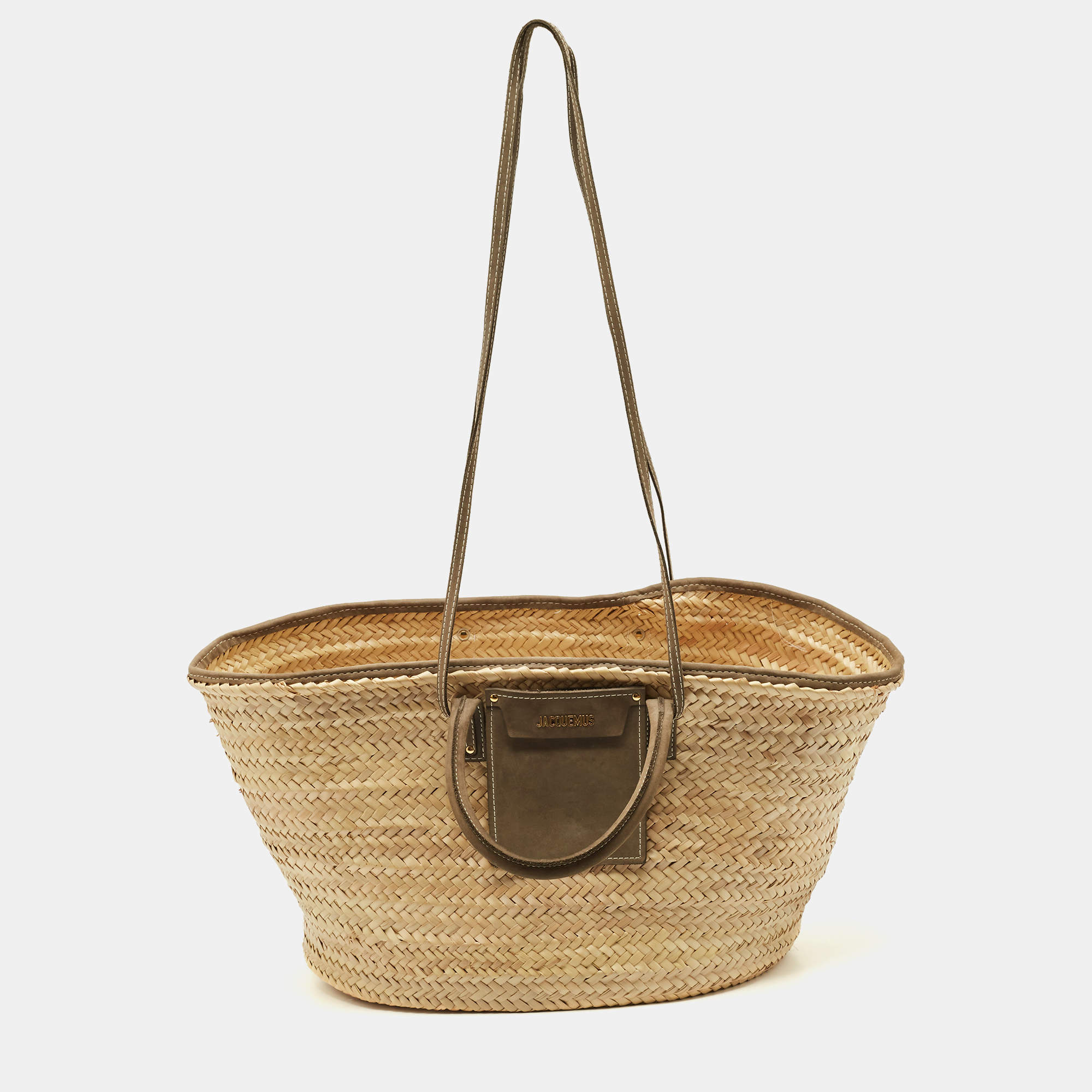 Pre Owned Jacquemus Green/Cream Woven Raffia and Nubuck Leather Le Panier Soleil Tote