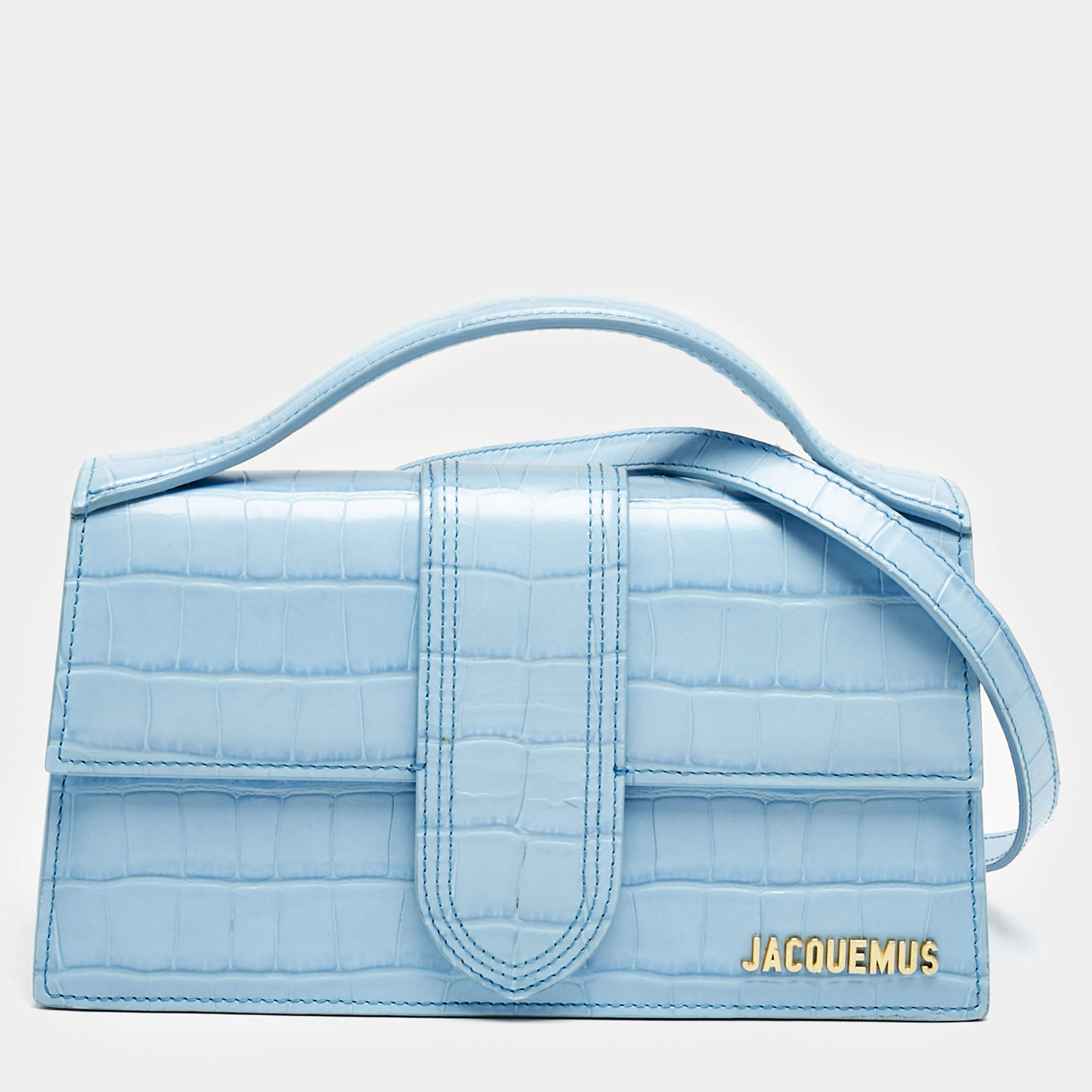 Jacquemus Light Blue Croc Embossed Leather Le Grand Bambino Top Handle Bag