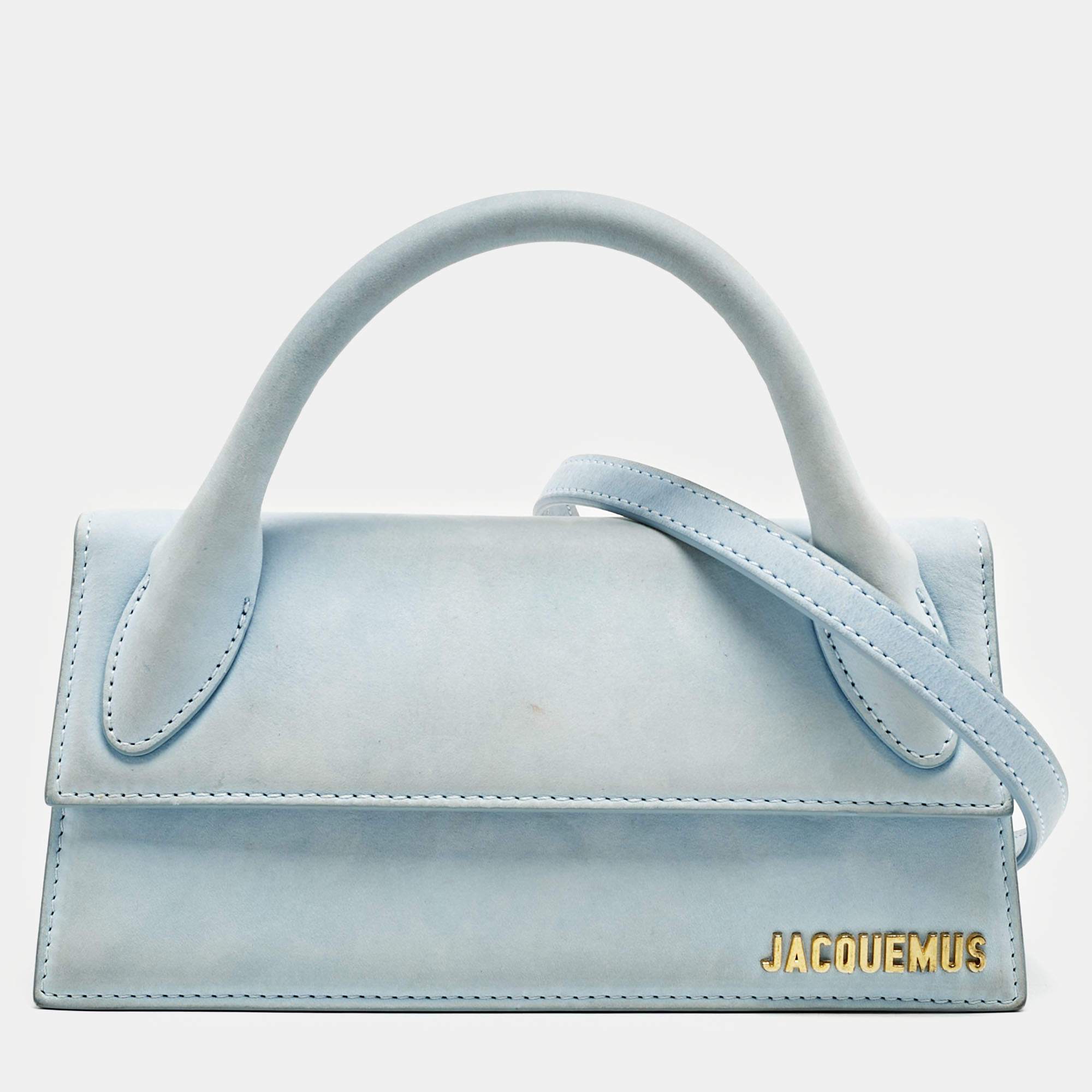 Jacquemus Light Blue Suede Long Le Chiquito Top Handle Bag