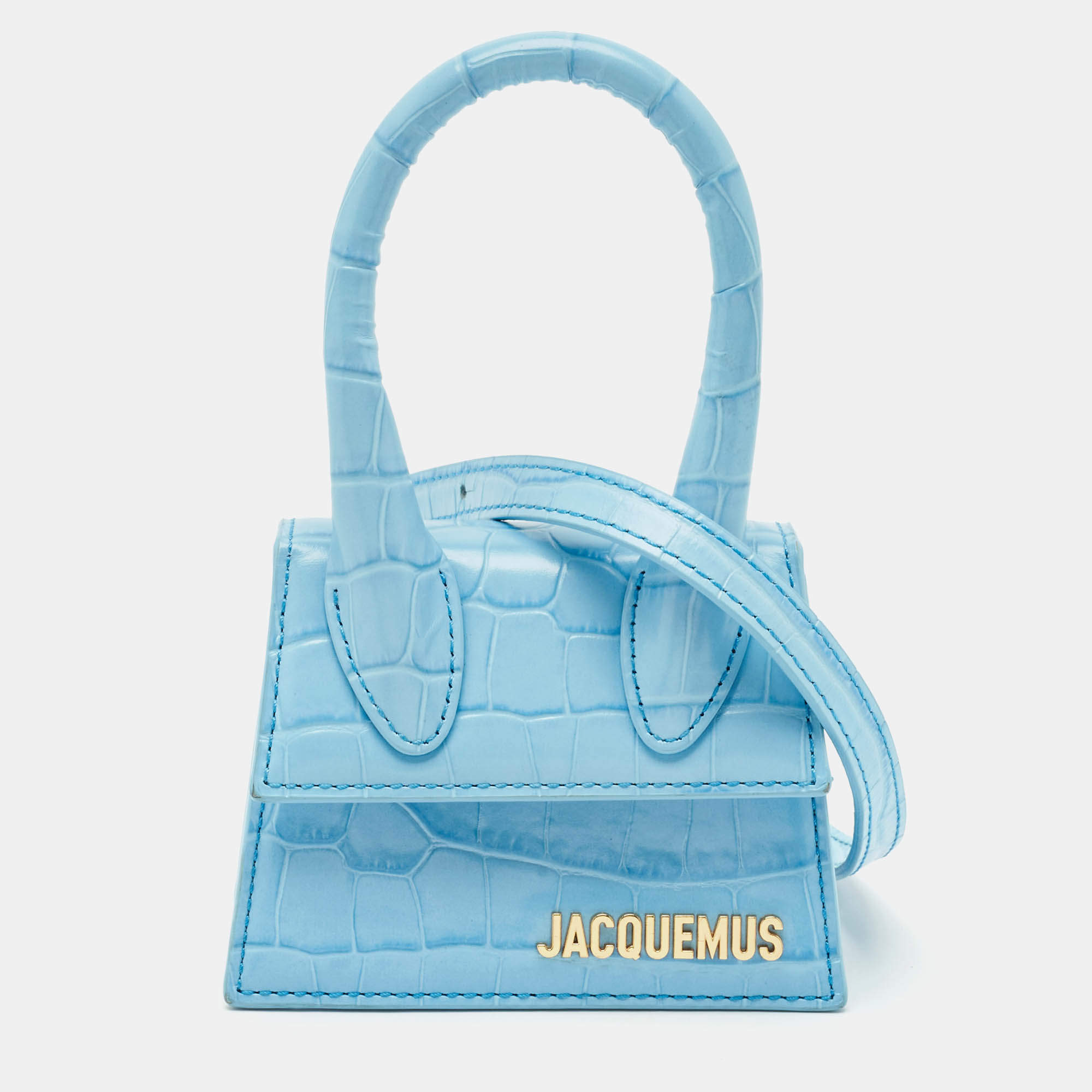 Jacquemus Light Blue Croc Embossed Leather Mini Le Chiquito Top Handle Bag