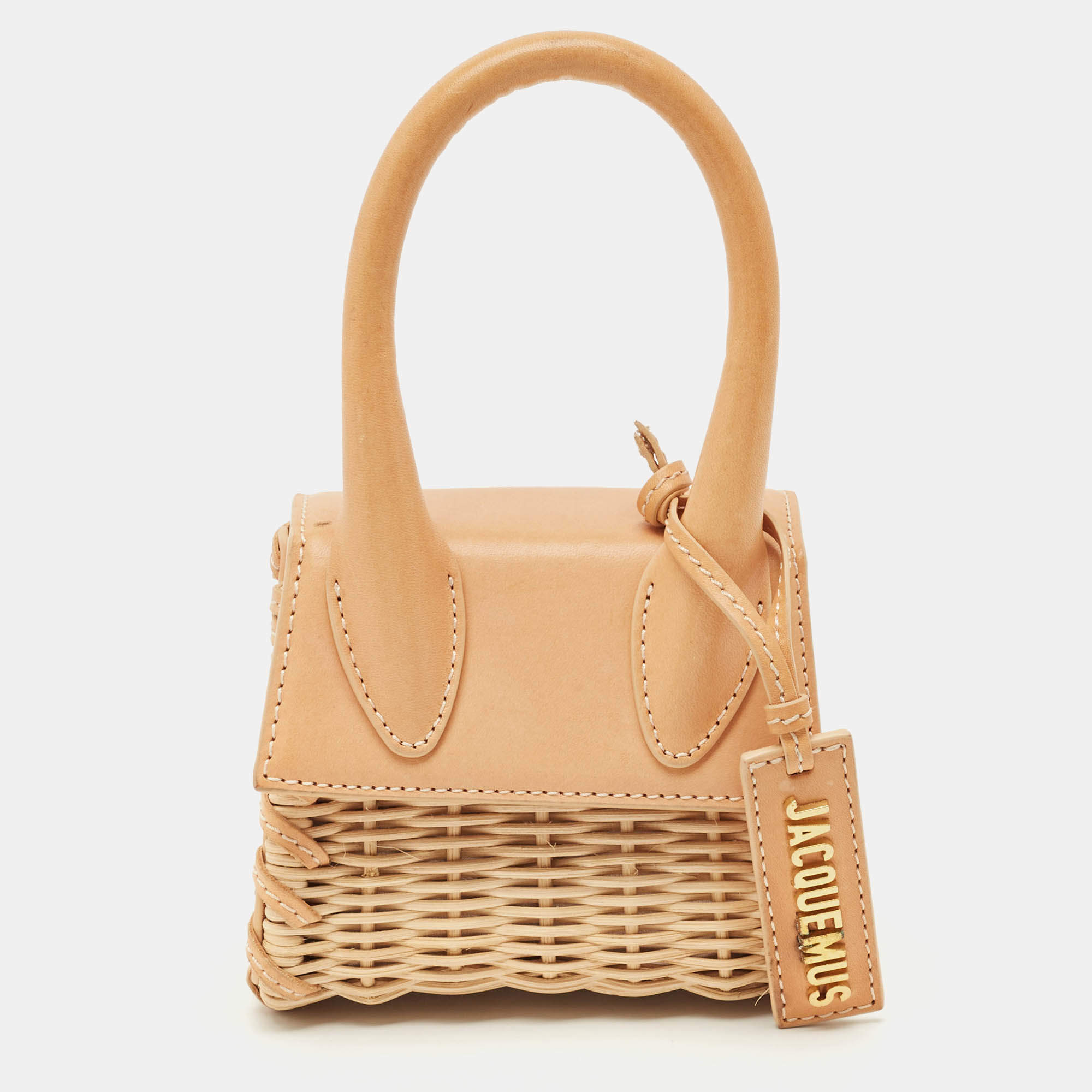 Pre Owned Jacquemus Beige/Cream Rattan and Leather Mini Wicker Le Chiquito Top Handle Bag