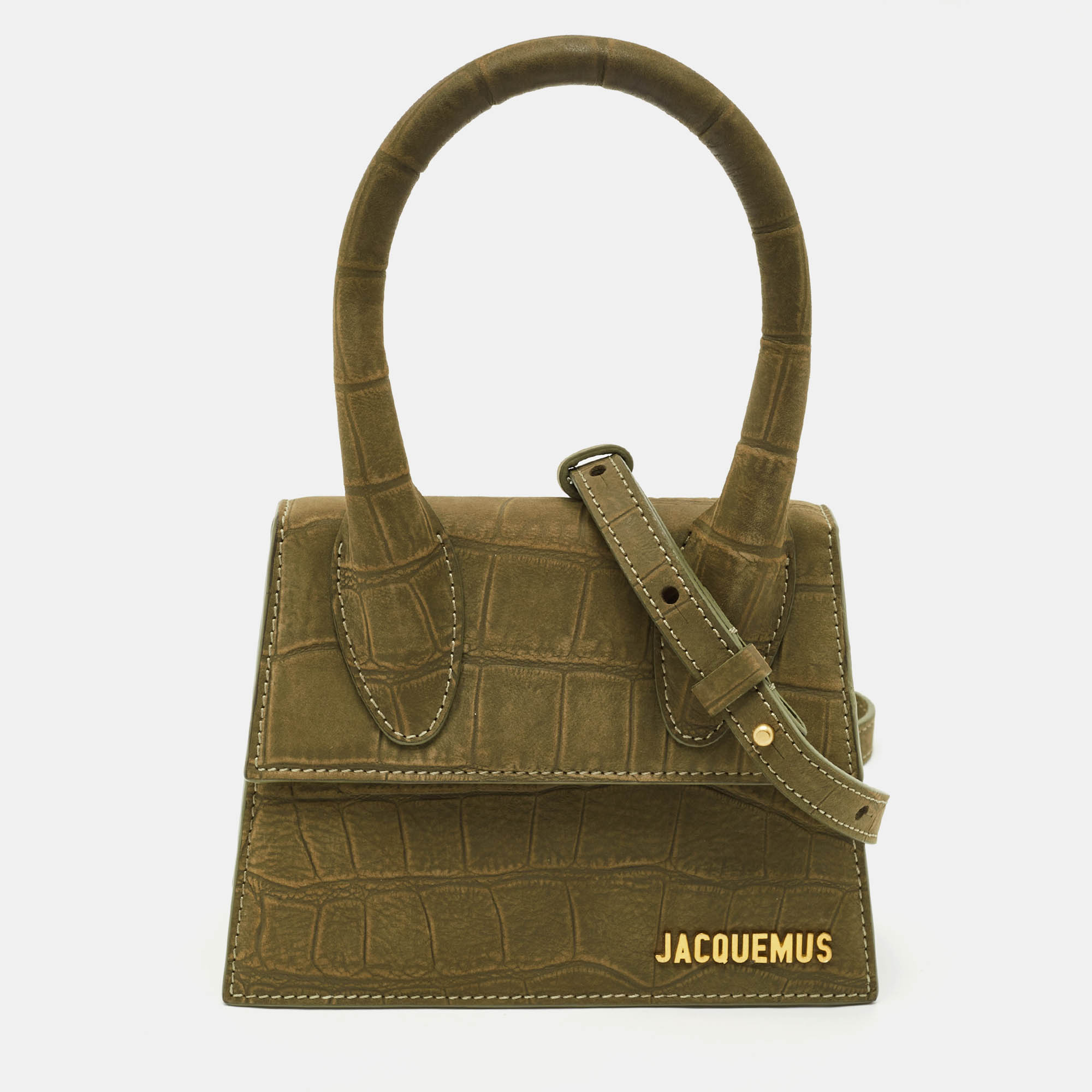 Pre Owned Jacquemus Olive Green Suede Le Chiquito Moyen Top Handle Bag