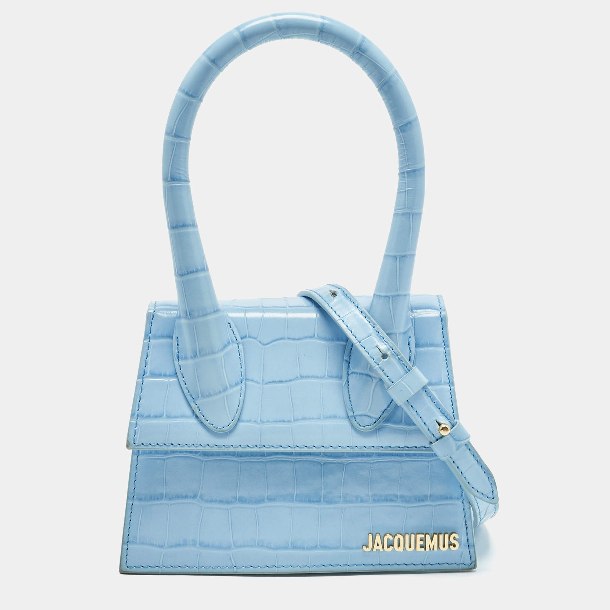 Pre Owned Jacquemus Light Blue Croc Embossed Le Chiquito Moyen Top Handle Bag