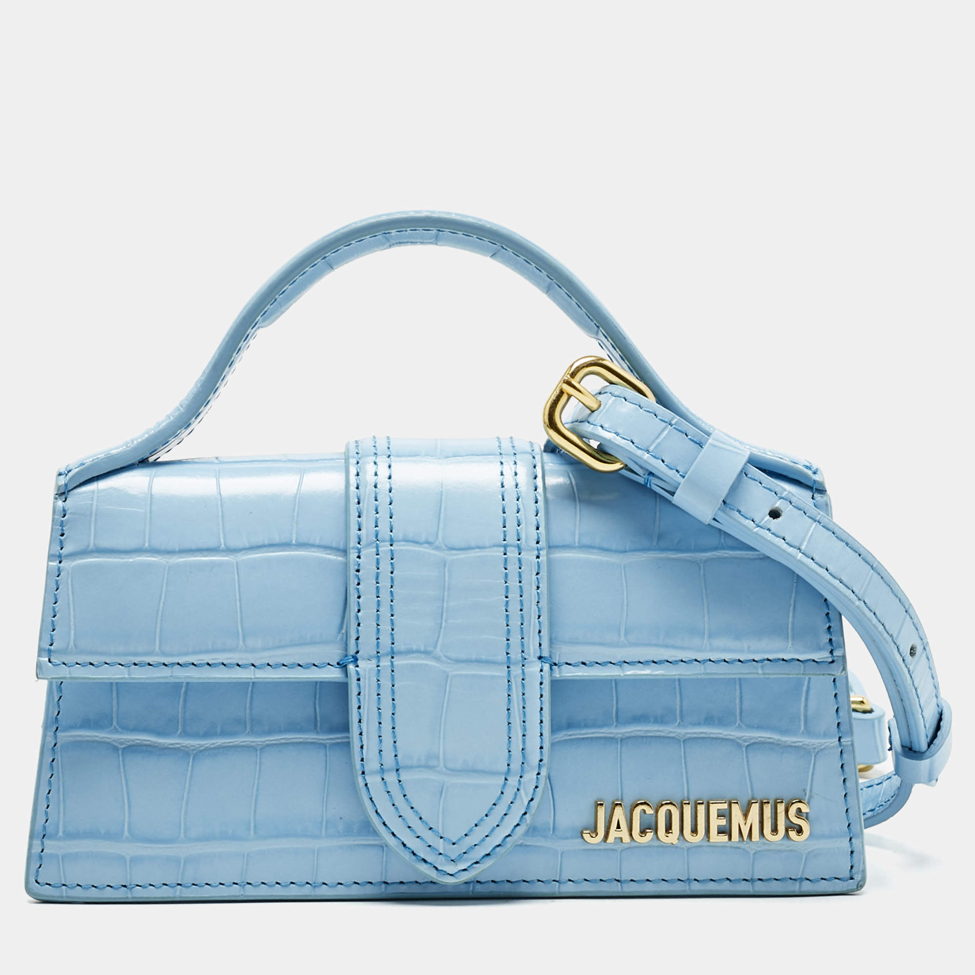 Pre Owned Jacquemus Light Blue Croc Embossed Leather Mini Le Bambino Top Handle Bag.