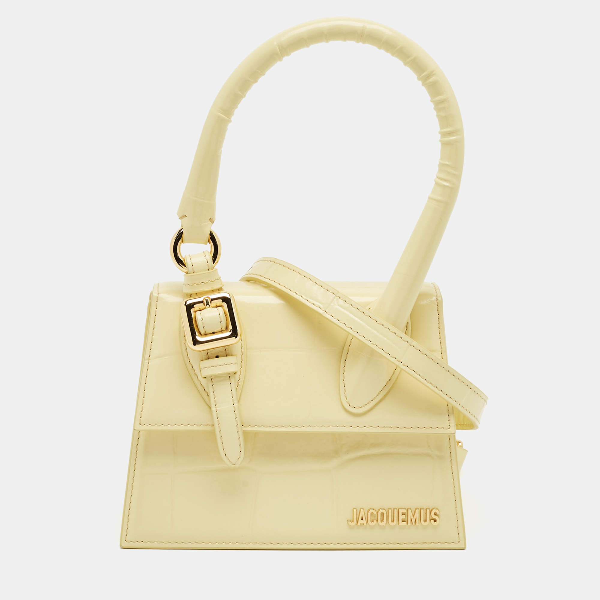 Pre Owned Jacquemus Yellow Croc Embossed Patent Leather Le Chiquito Moyen Boucle Top Handle Bag