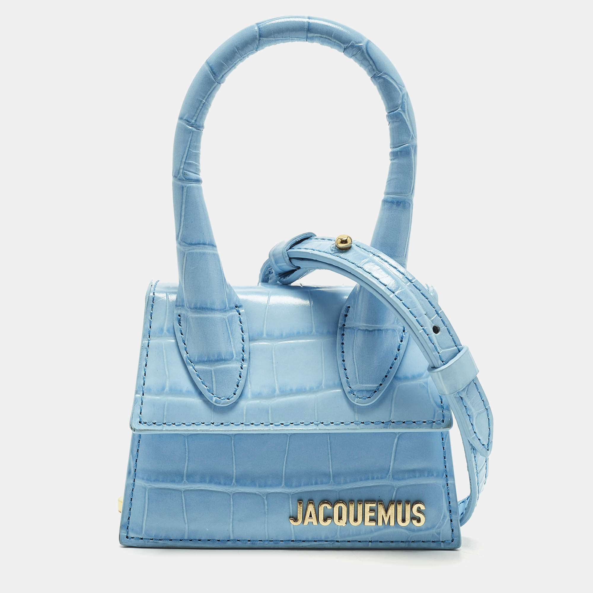 Pre Owned Jacquemus Le Chiquito Mini Light Blue Croc Embossed Leather Top Handle Bag