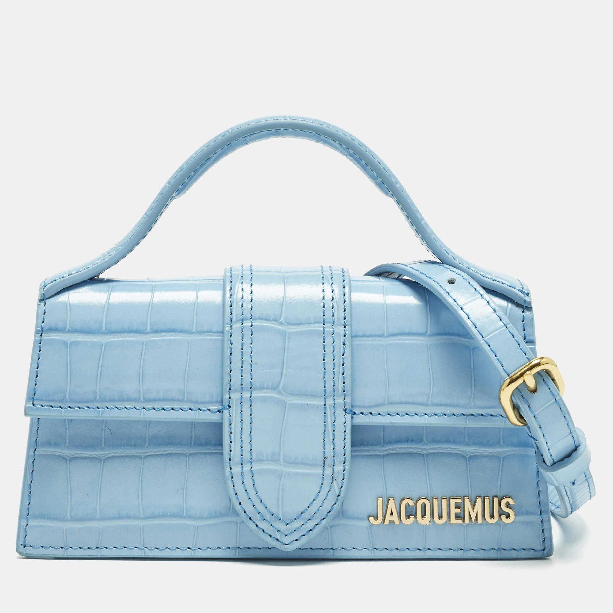 مملوكة مسبقًا Jacquemus Le Bambino Mini Light Blue Croc Embossed Leather Top Handle Bag.