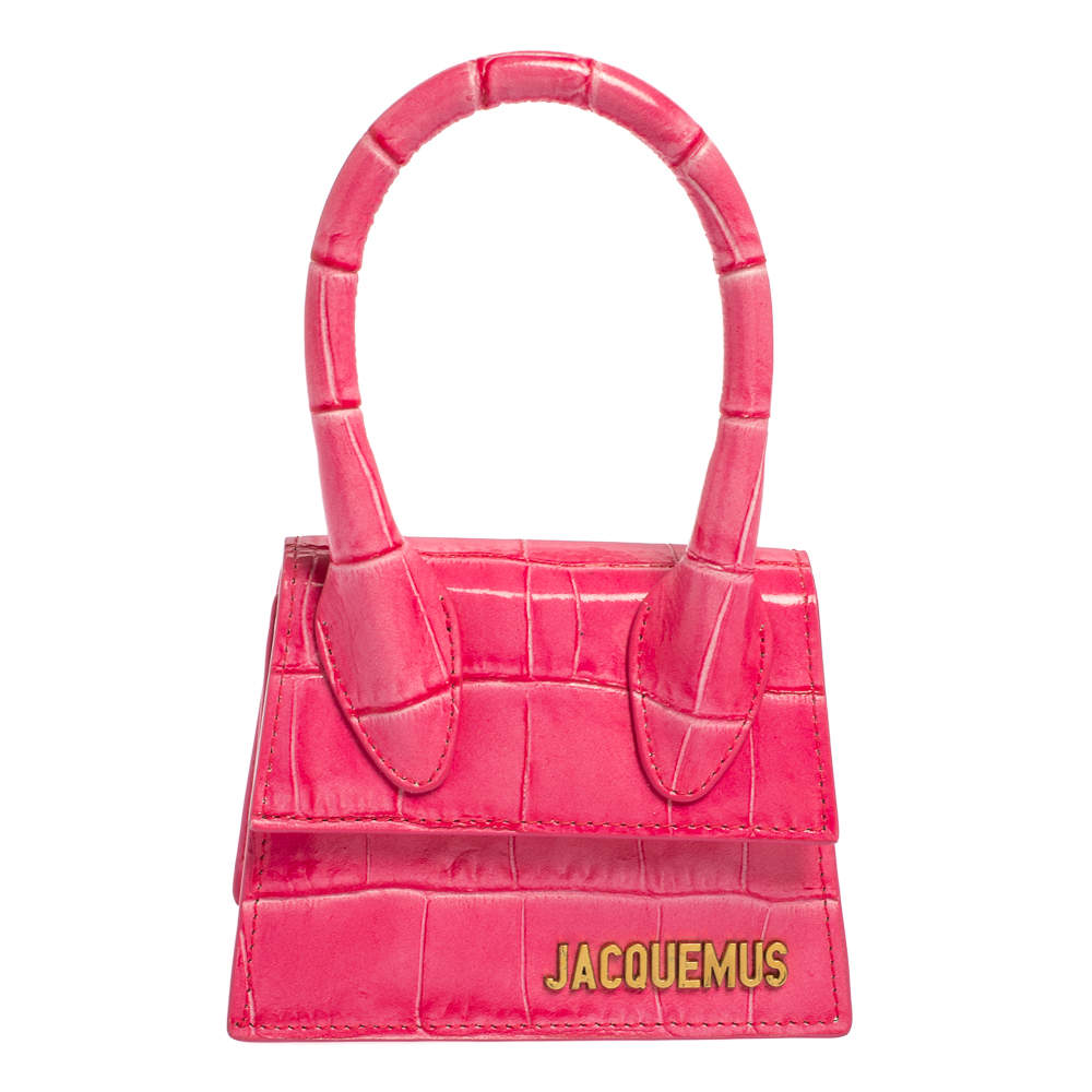 Pre Owned Jacquemus Pink Croc Embossed Leather Le Chiquito Mini Bag