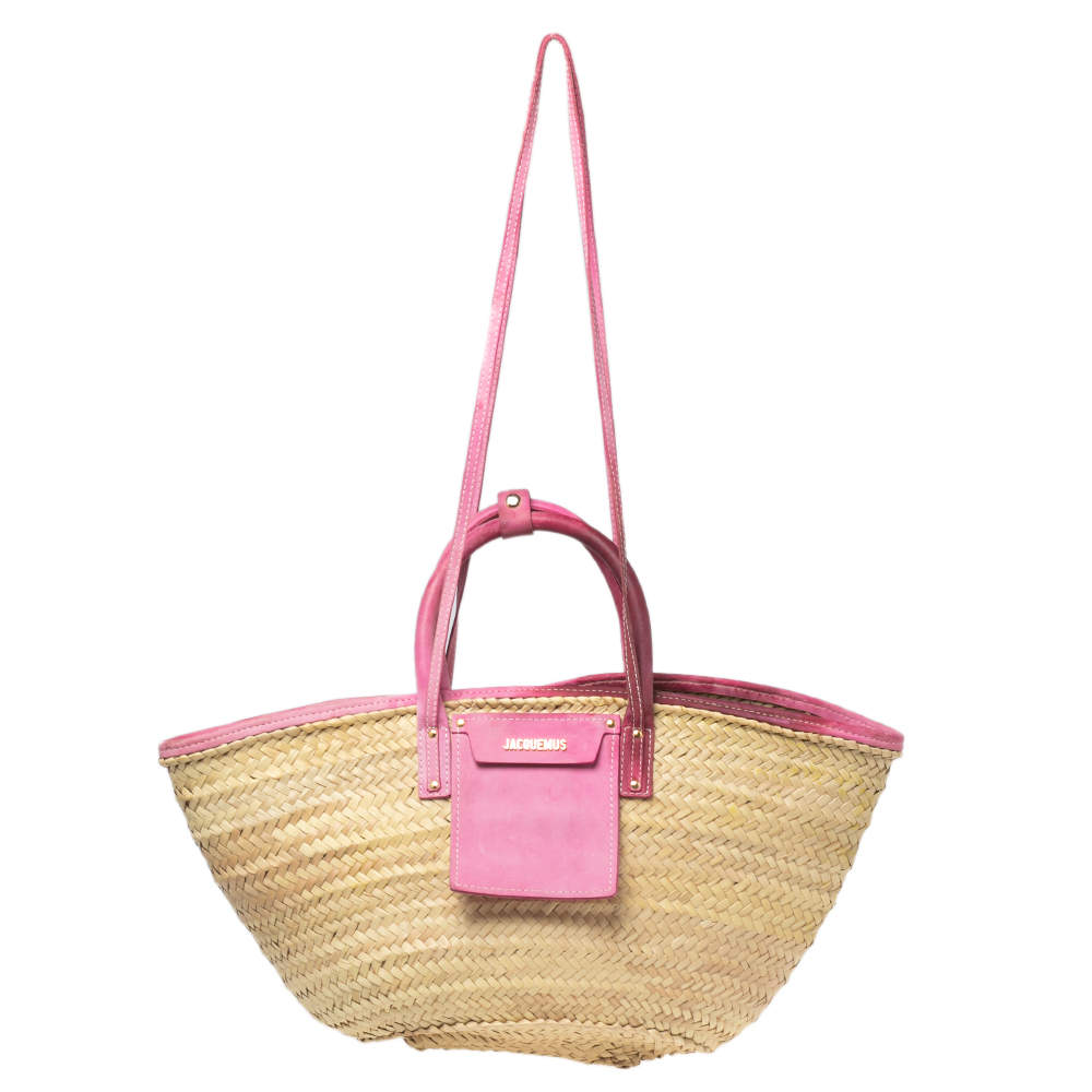 Pre Owned Jacquemus Pink/Cream Raffia and Nubuck Leather Le Panier Soleil Basket Bag 