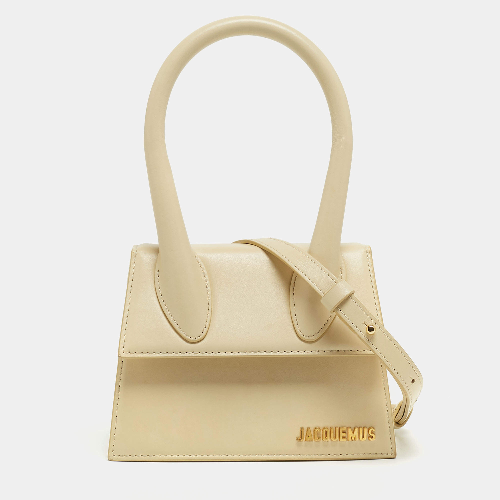 Pre Owned Jacquemus Cream Leather Le Chiquito Moyen Top Handle Bag