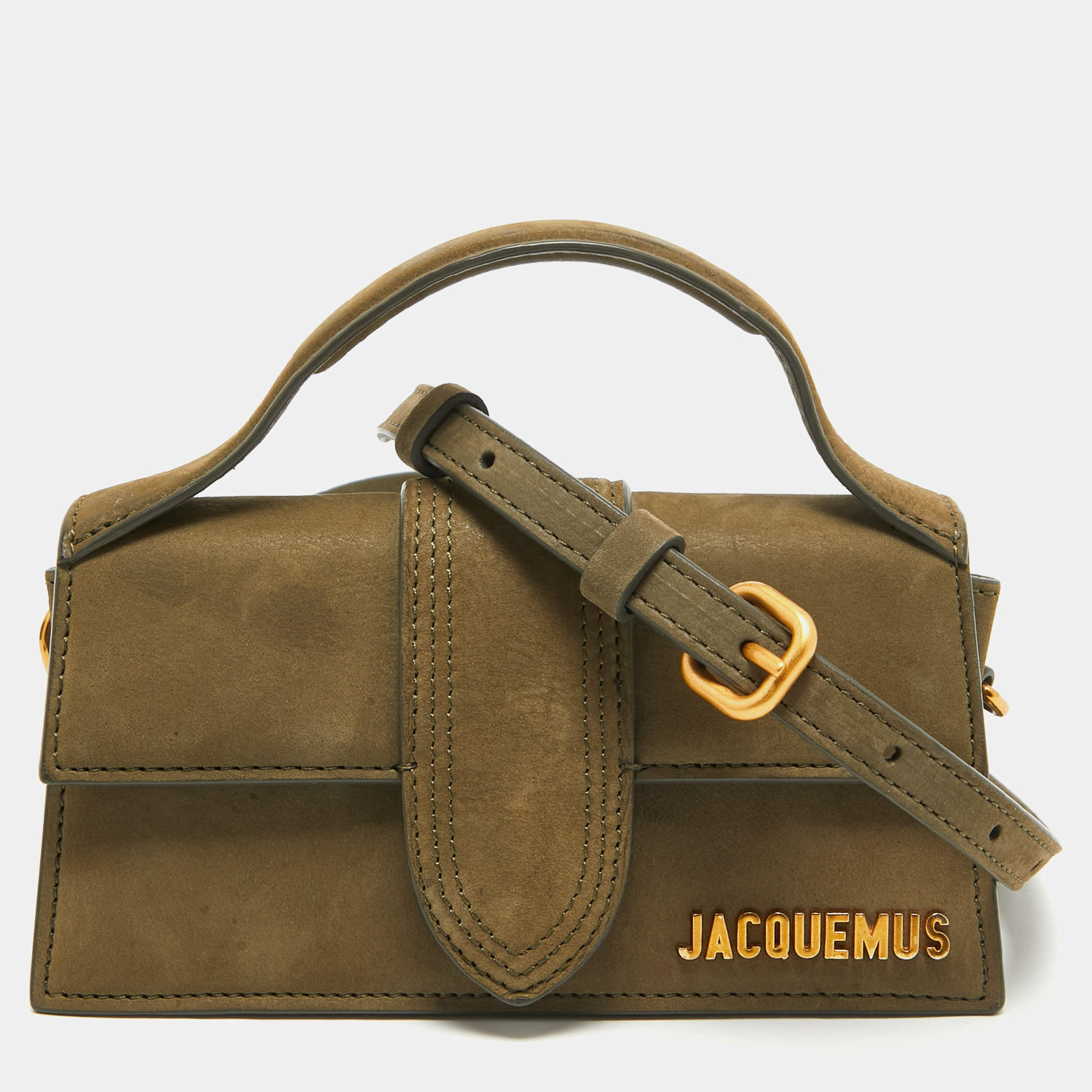 Pre Owned Jacquemus Olive Green Nubuck Leather Le Bambino Mini Top Handle Bag.