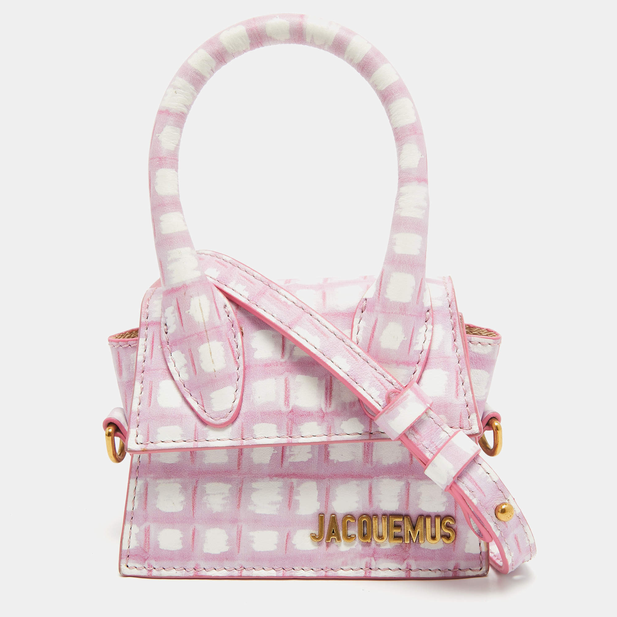 Jacquemus Pink/White Checkered Leather Mini Le Chiquito Top Handle Bag