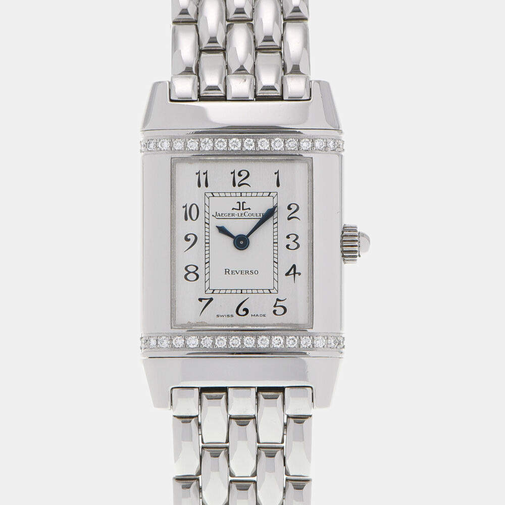 Jaeger LeCoultre Silver Diamond Stainless Steel Reverso 265.8.08 Quartz Women's Wristwatch 21 mm