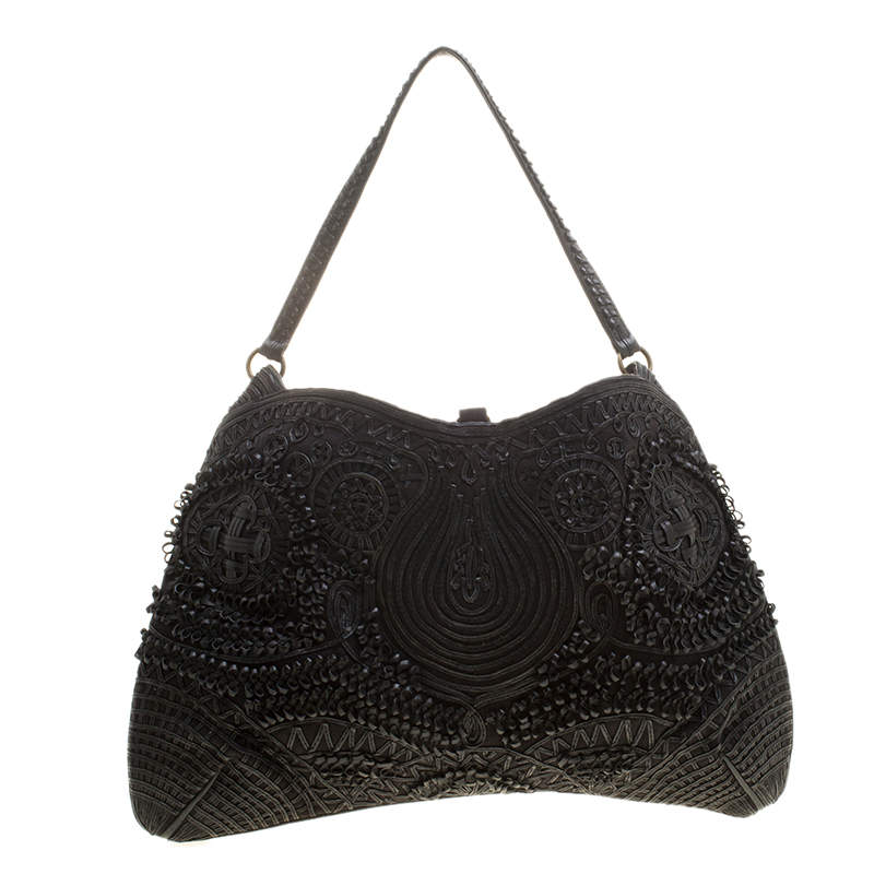 Jamin Puech Black Leather and Canvas Shoulder Bag 