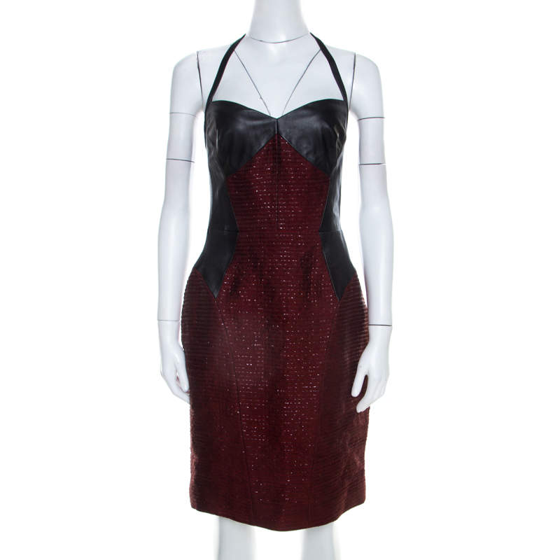 Jason Wu Burgundy and Black Leather Paneled Halter Dress M