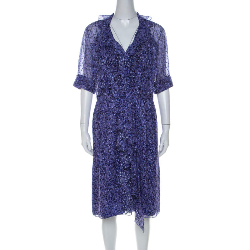 Jason Wu Purple Silk Chiffon Printed Ruffle  Short Dress L