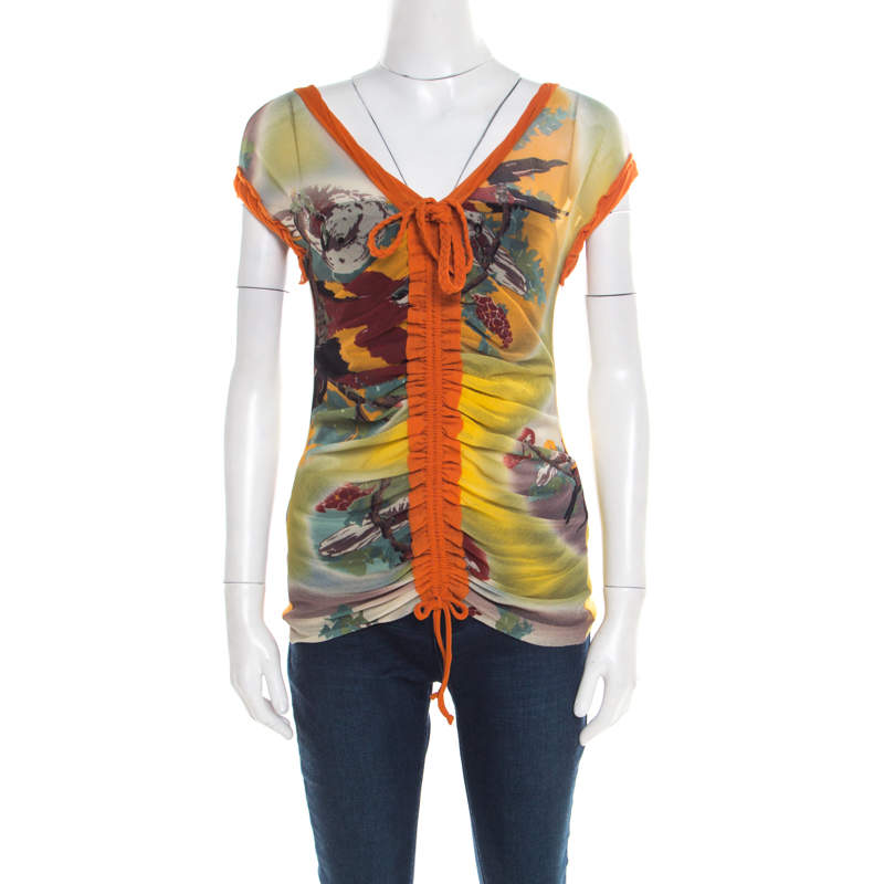 Jean Paul Gaultier Soleil Multicolor Printed Nylon Mesh Ruched Top L