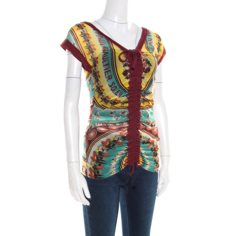 Jean Paul Gaultier Soleil Multicolor Printed Nylon Mesh Ruched Top L