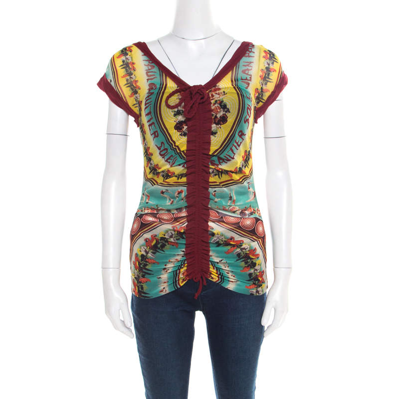 Jean Paul Gaultier Soleil Multicolor Printed Nylon Mesh Ruched Top L ...