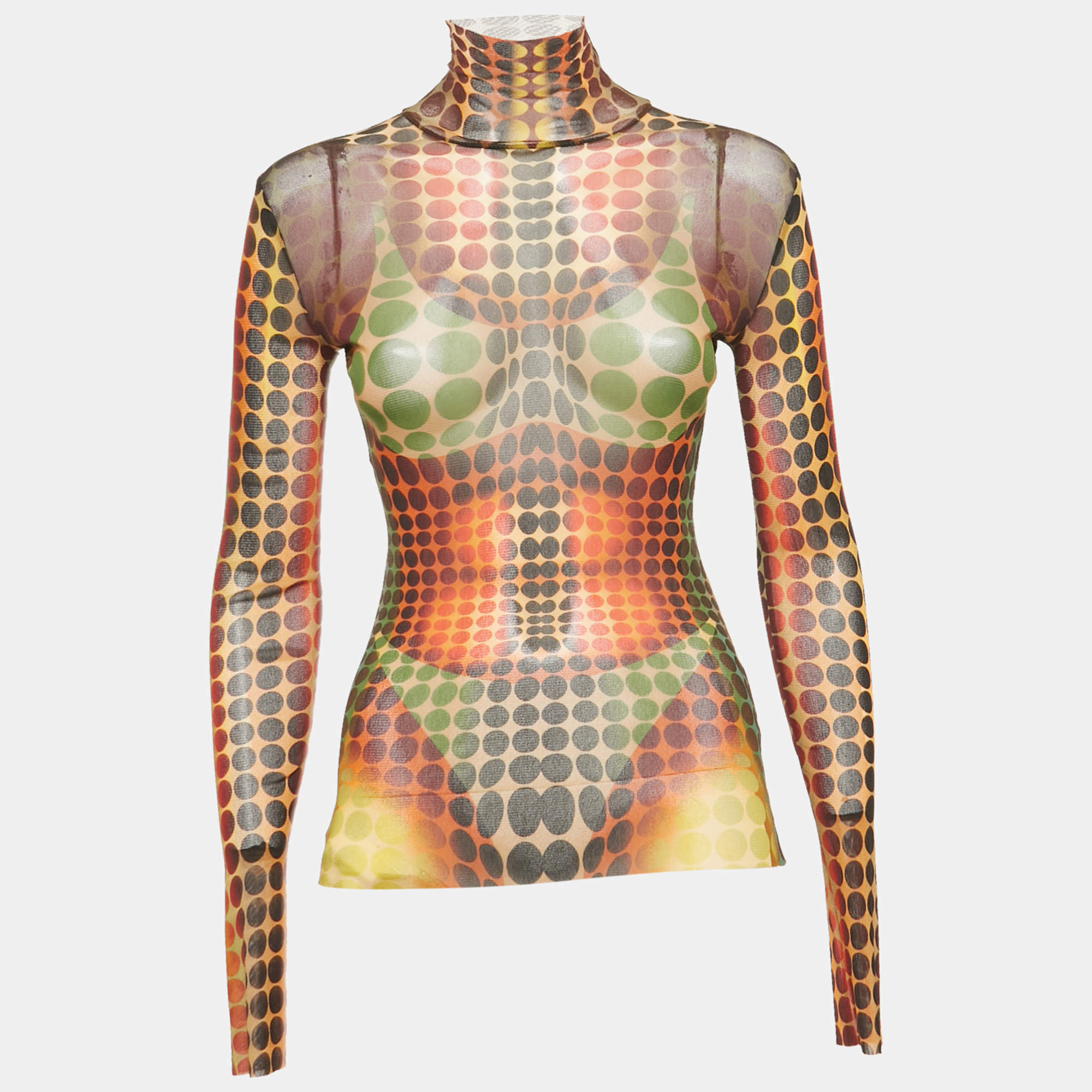 Pre Owned Jean Paul Gaultier Multicolor Dot-Print Stretch Mesh Sheer Top S
