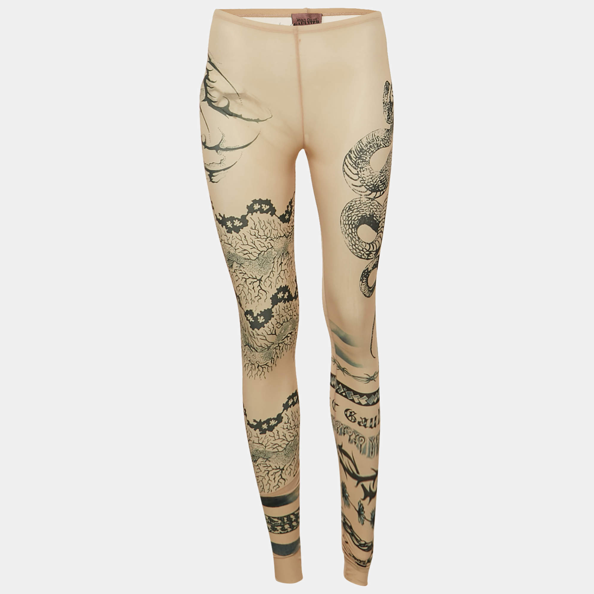 Pre Owned Jean Paul Gaultier X KNWLS Beige Trompe-l'oeil Tattoo Print Jersey Leggings S