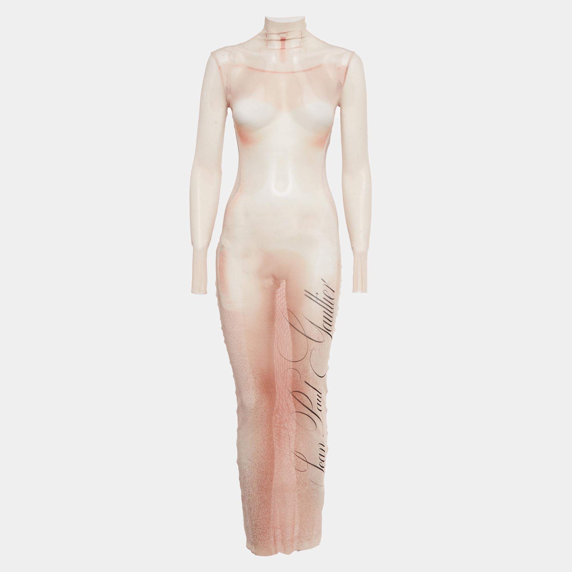 Pre Owned Jean Paul Gaultier Beige Printed Mesh Le Classique Long Dress XXS 