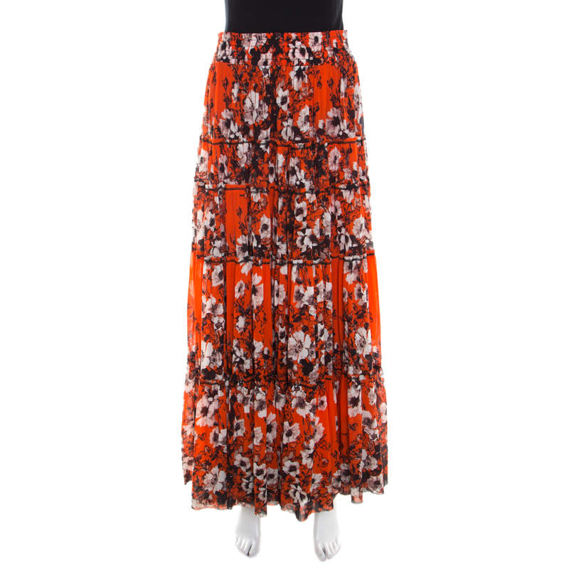 Pre Owned Jean Paul Gaultier Soleil Orange Floral Print Mesh Tiered Maxi Skirt M