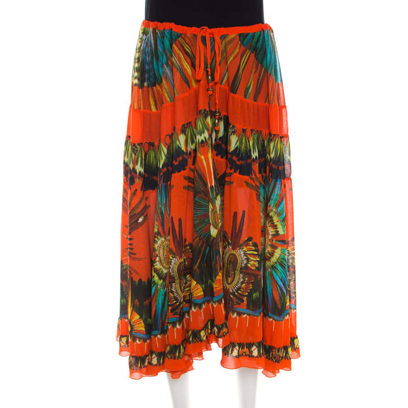 Pre Owned Jean Paul Gaultier Soleil Orange Floral Printed Gauze Tiered Midi Skirt M