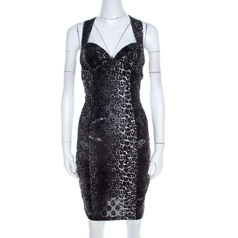 Pre Owned Jean Paul Gaultier Soleil Monochrome Leopard Patterned Jacquard Halter Dress S