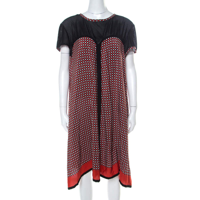 Pre Owned Jean Paul Gaultier Red and Black Geometric Printed Silk Perforated Knit Detail Dress L 