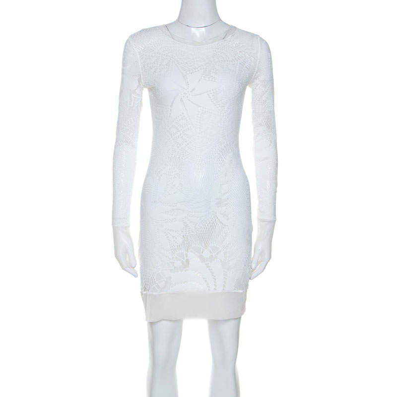 Pre Owned Jean Paul Gaultier Soleil White Stretch Lace Sheer Dress L