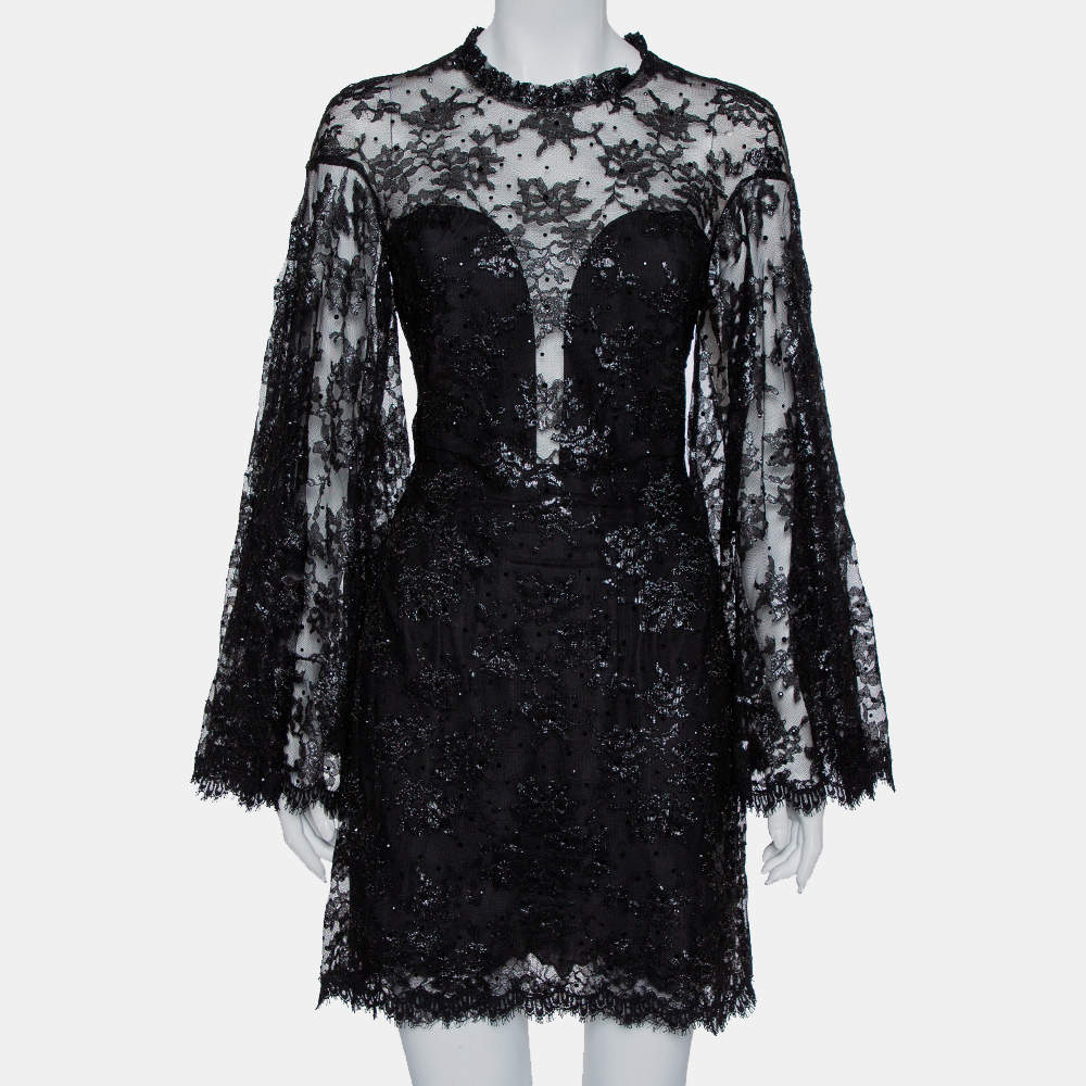 Jenny Packham Black Embellished Metallic Lace Bell Sleeve Detail Mini Dress M