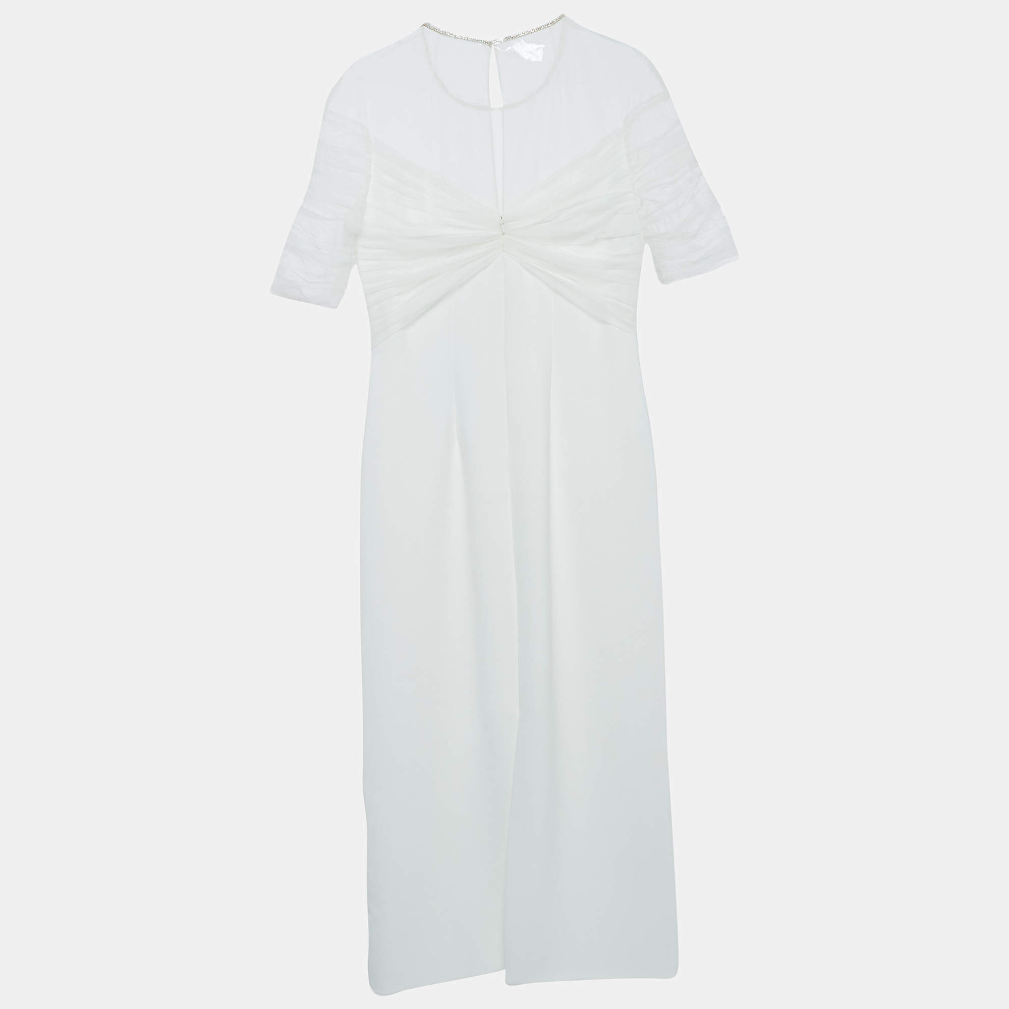 Pre Owned  Jenny Packham White Crystal Embellished Tulle and Crepe Tulip Midi Dress L