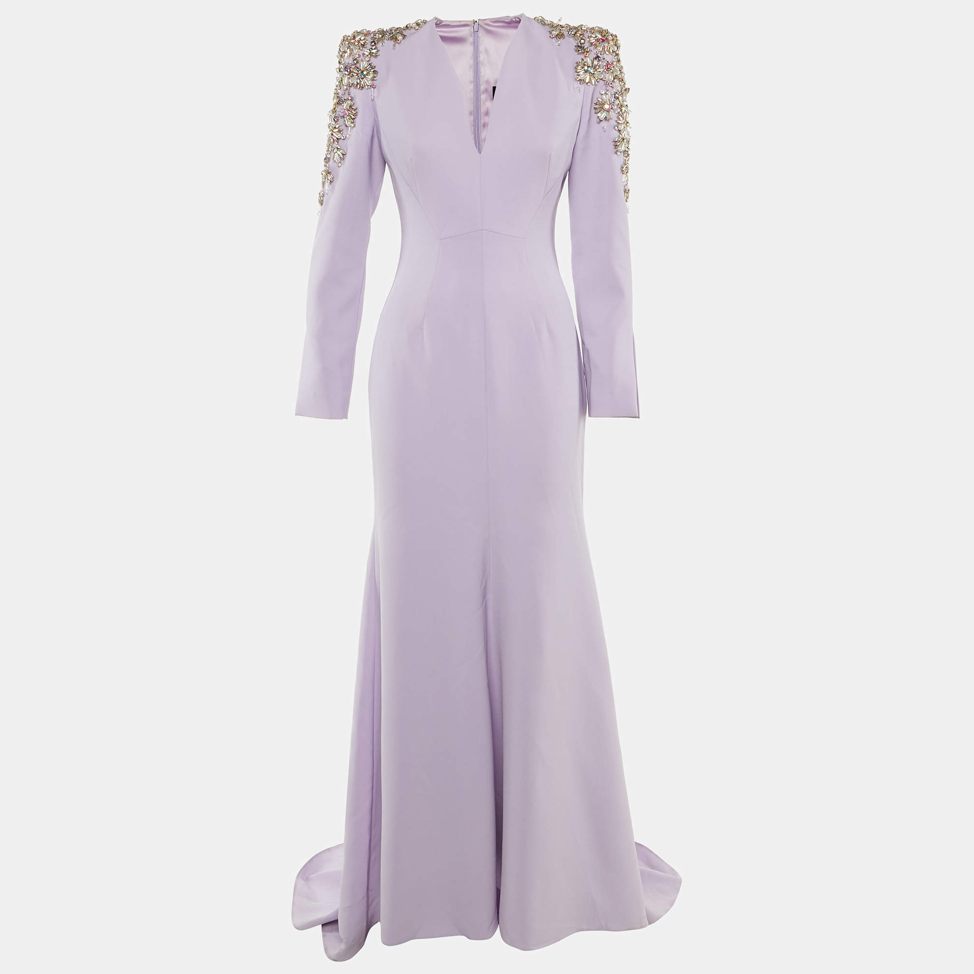 Pre Owned Jenny Packham Lavender Crepe Embellished Shoulder Gown S