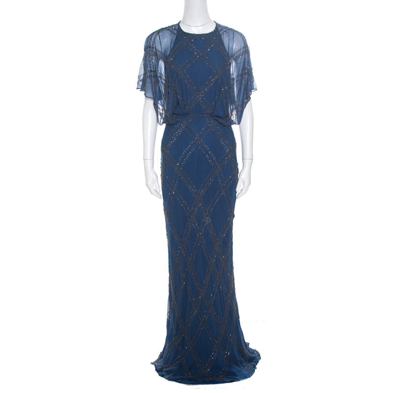 Pre Owned Jenny Packham Blue Embellished Silk Cutout Back Detail Blouson Gown M