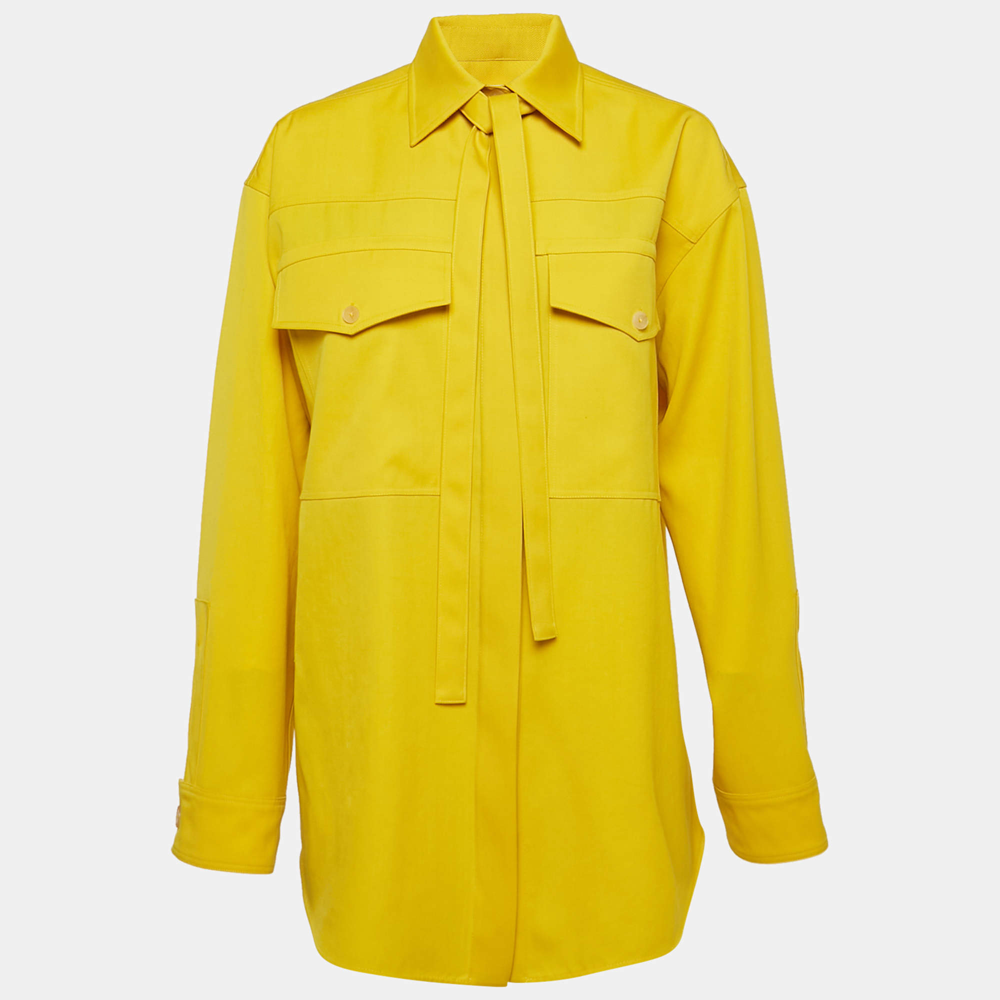 Jil Sander Yellow Wool Gabardine Oversized Tie-Up Neck Detail Shirt S
